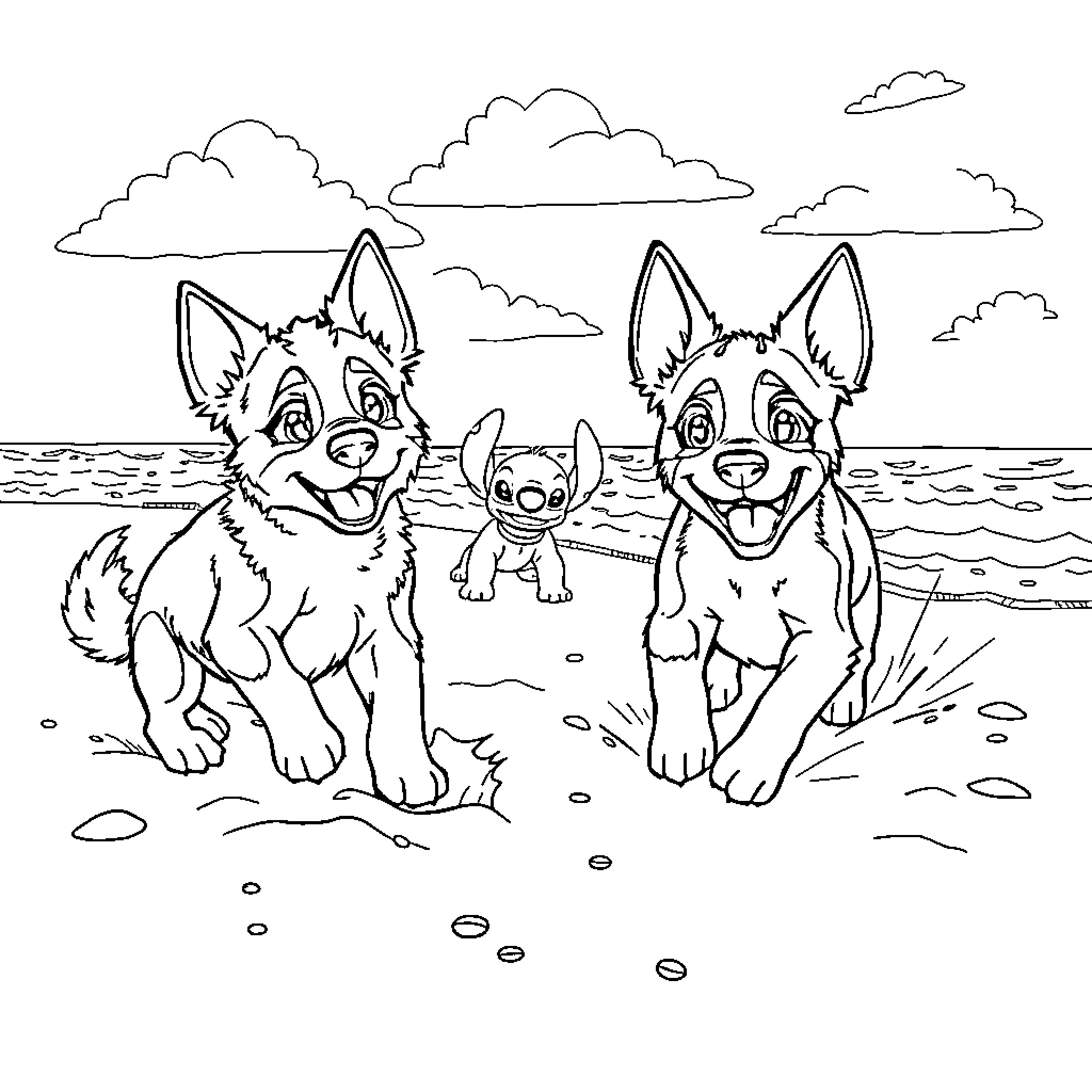 Bluey and friends enjoying the beach Coloring Page (free black-and-white line drawing printable PDF for all, from beginners to advanced learners, including children, teens, adults, and seniors)