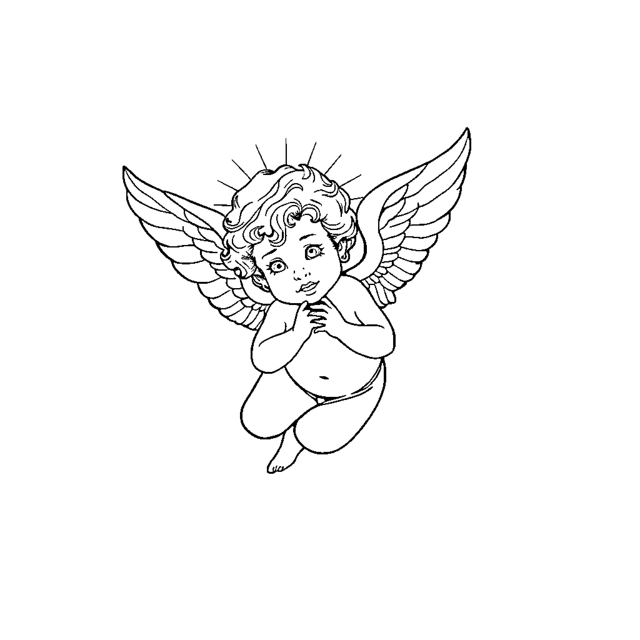 Cherub contemplating with wings spread Coloring Page (free black-and-white line drawing printable PDF for all, from beginners to advanced learners, including children, teens, adults, and seniors)
