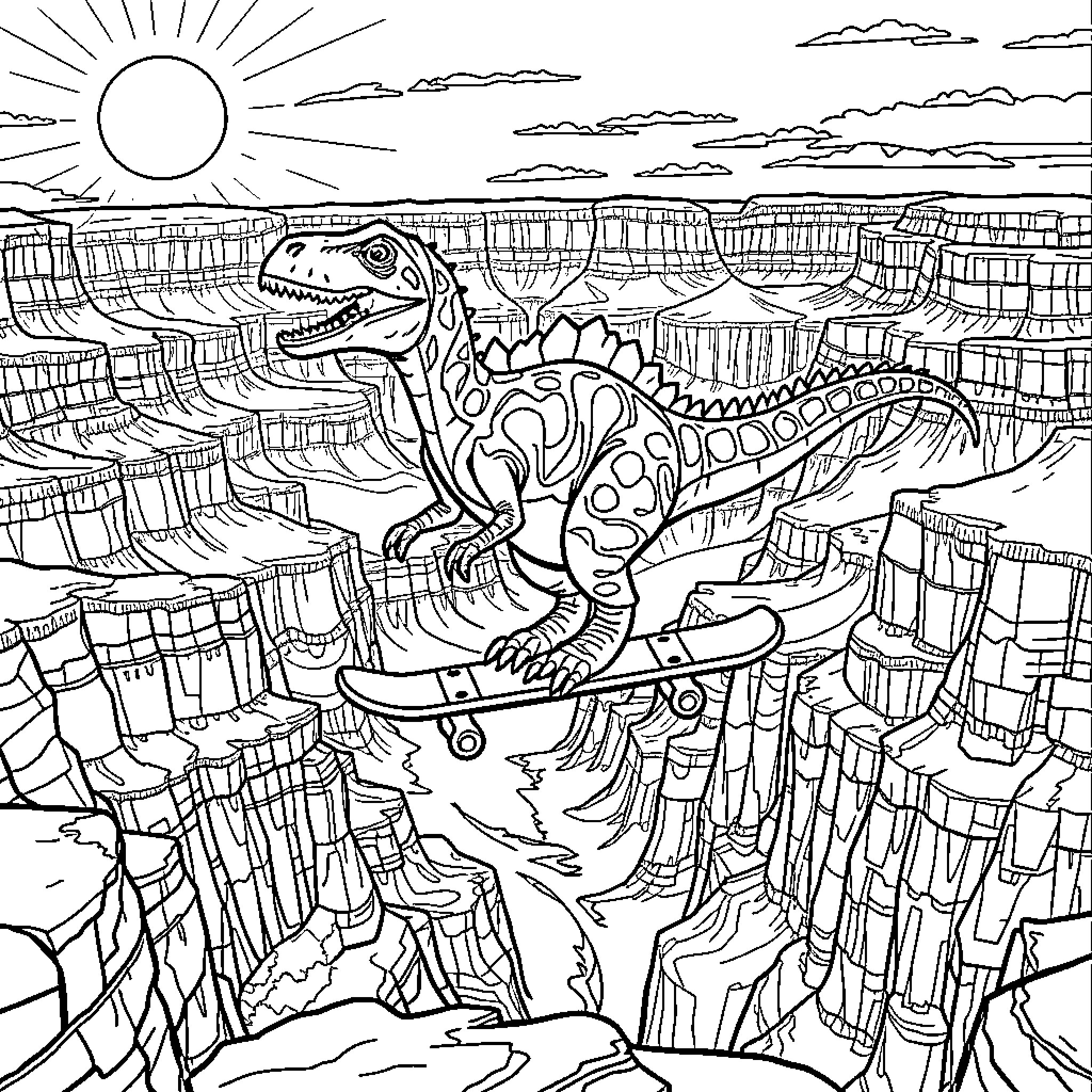 Dinosaur exploring vast canyon landscape Coloring Page (free black-and-white line drawing printable PDF for all, from beginners to advanced learners, including children, teens, adults, and seniors)