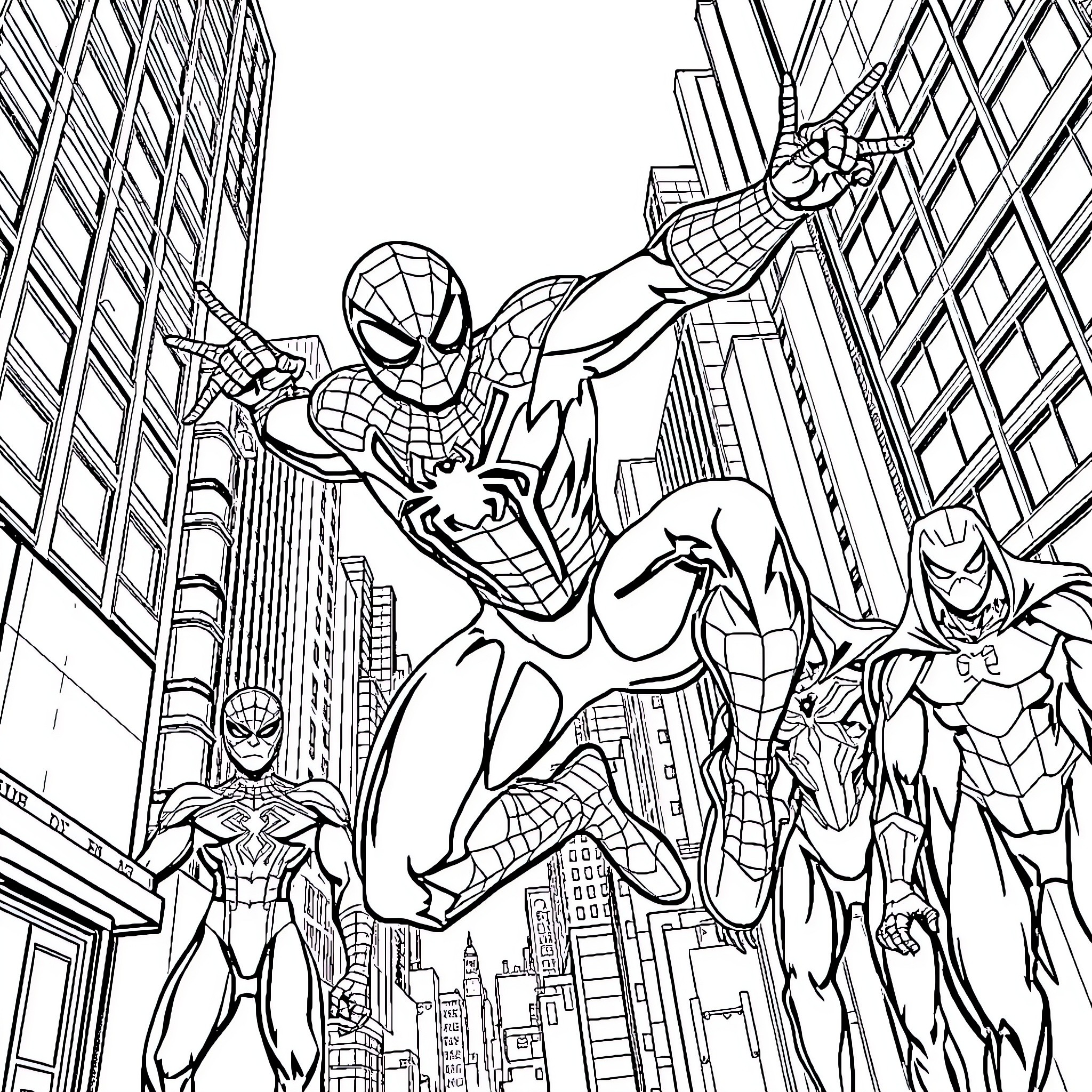 Spiderman swinging through city with superhero allies Coloring Page (free black-and-white line drawing printable PDF for all, from beginners to advanced learners, including children, teens, adults, and seniors)