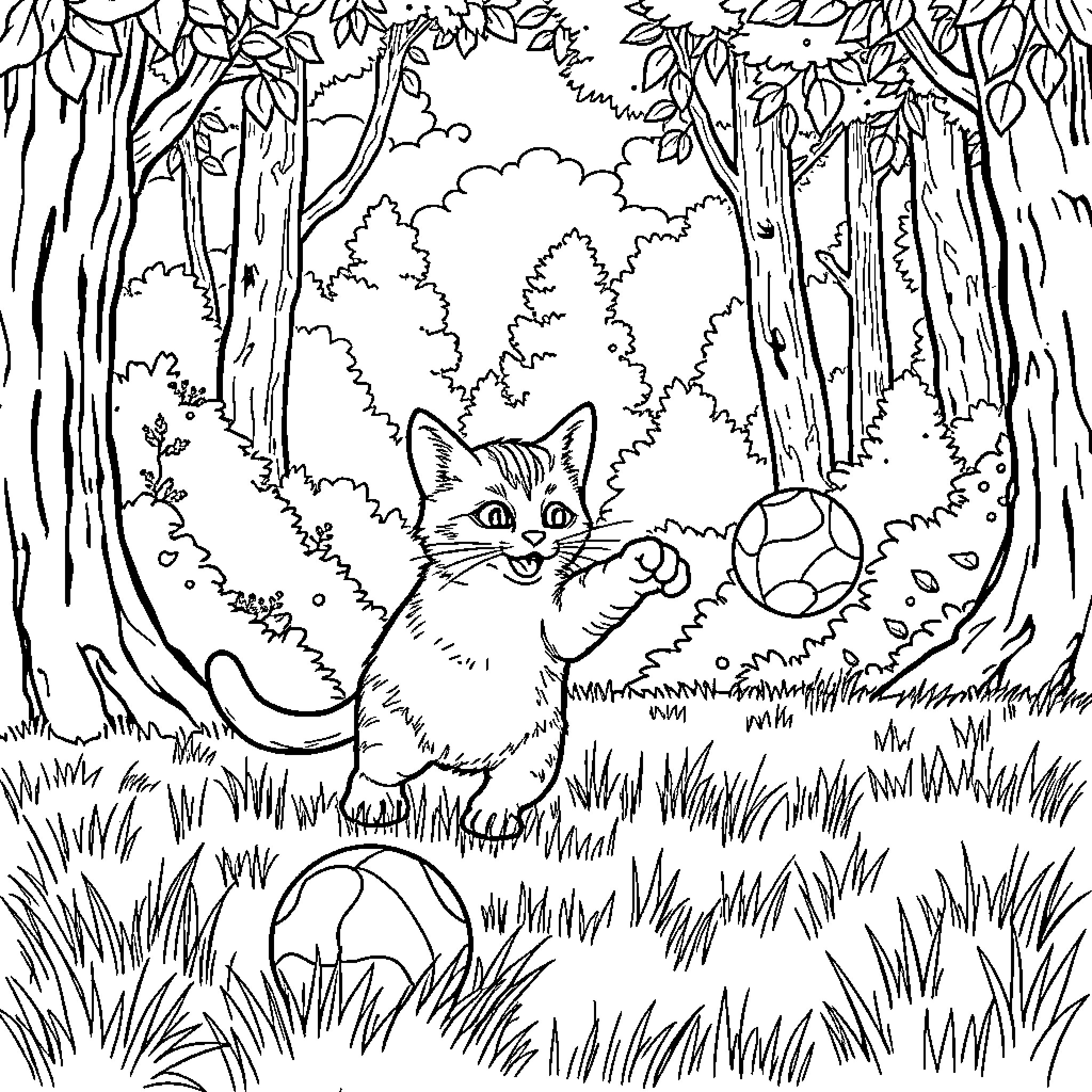 Cat playing with toys in enchanting forest Coloring Page (free black-and-white line drawing printable PDF for all, from beginners to advanced learners, including children, teens, adults, and seniors)