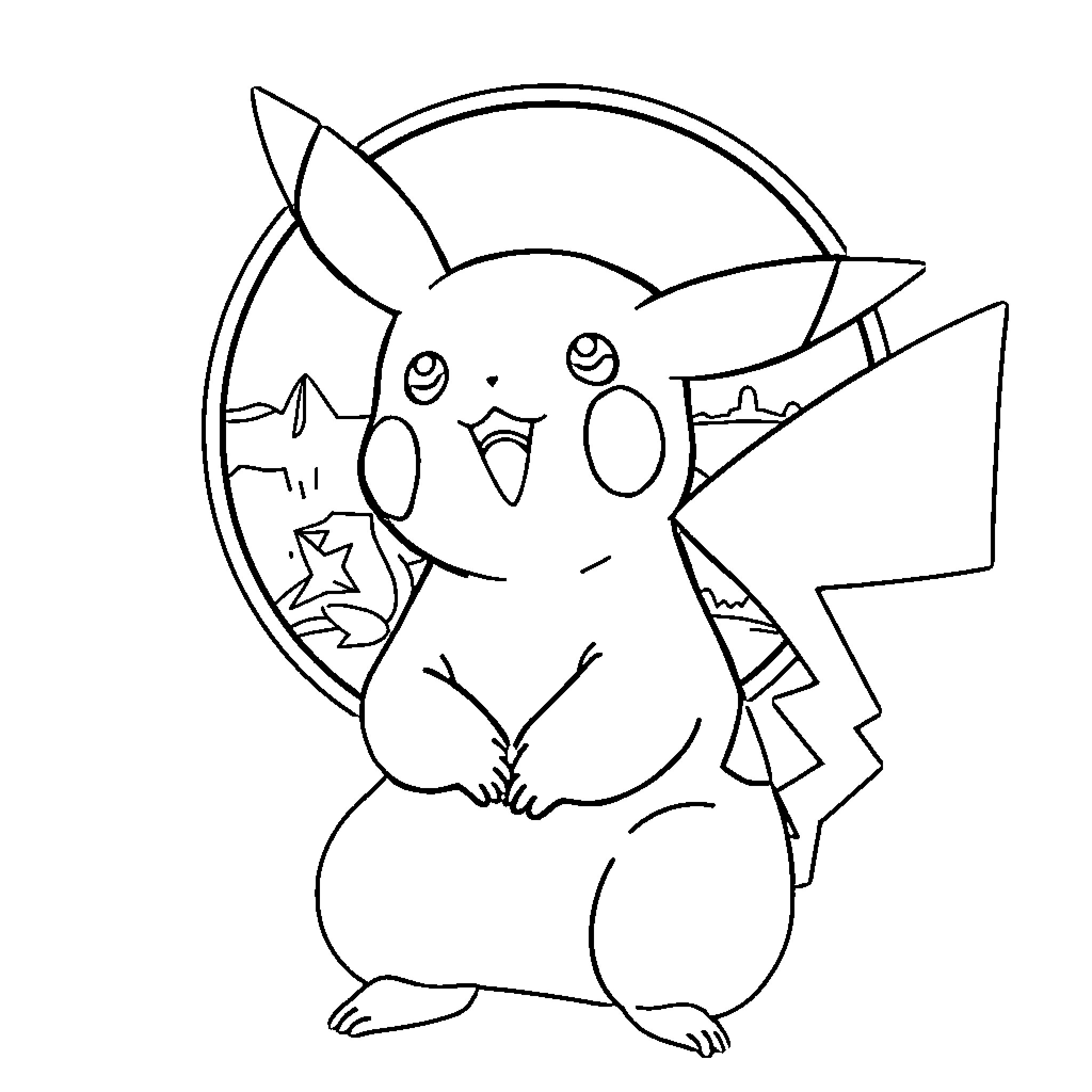 Pikachu making a funny face Coloring Page (free black-and-white line drawing printable PDF for all, from beginners to advanced learners, including children, teens, adults, and seniors)