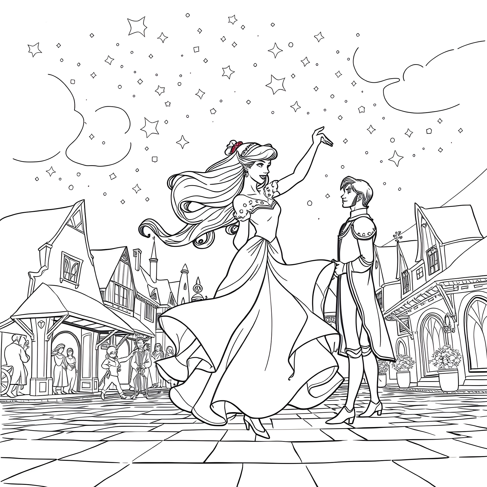Esmeralda's Enchanting Dance Under the Starry Sky Coloring Page (free black-and-white line drawing printable PDF for all, from beginners to advanced learners, including children, teens, adults, and seniors)