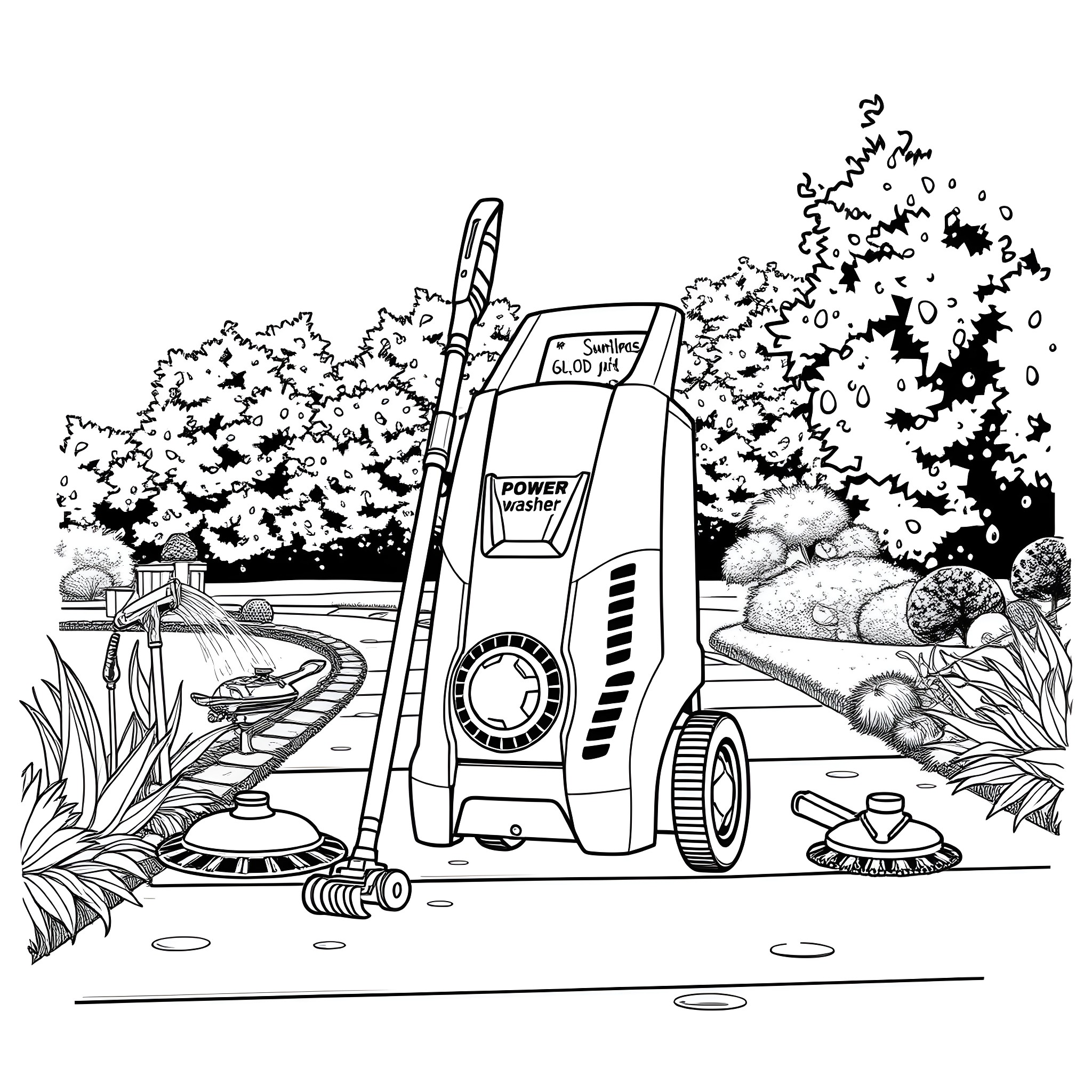 Power Washer Cleaning Up the Outdoor Garden Scene Coloring Page (free black-and-white line drawing printable PDF for all, from beginners to advanced learners, including children, teens, adults, and seniors)
