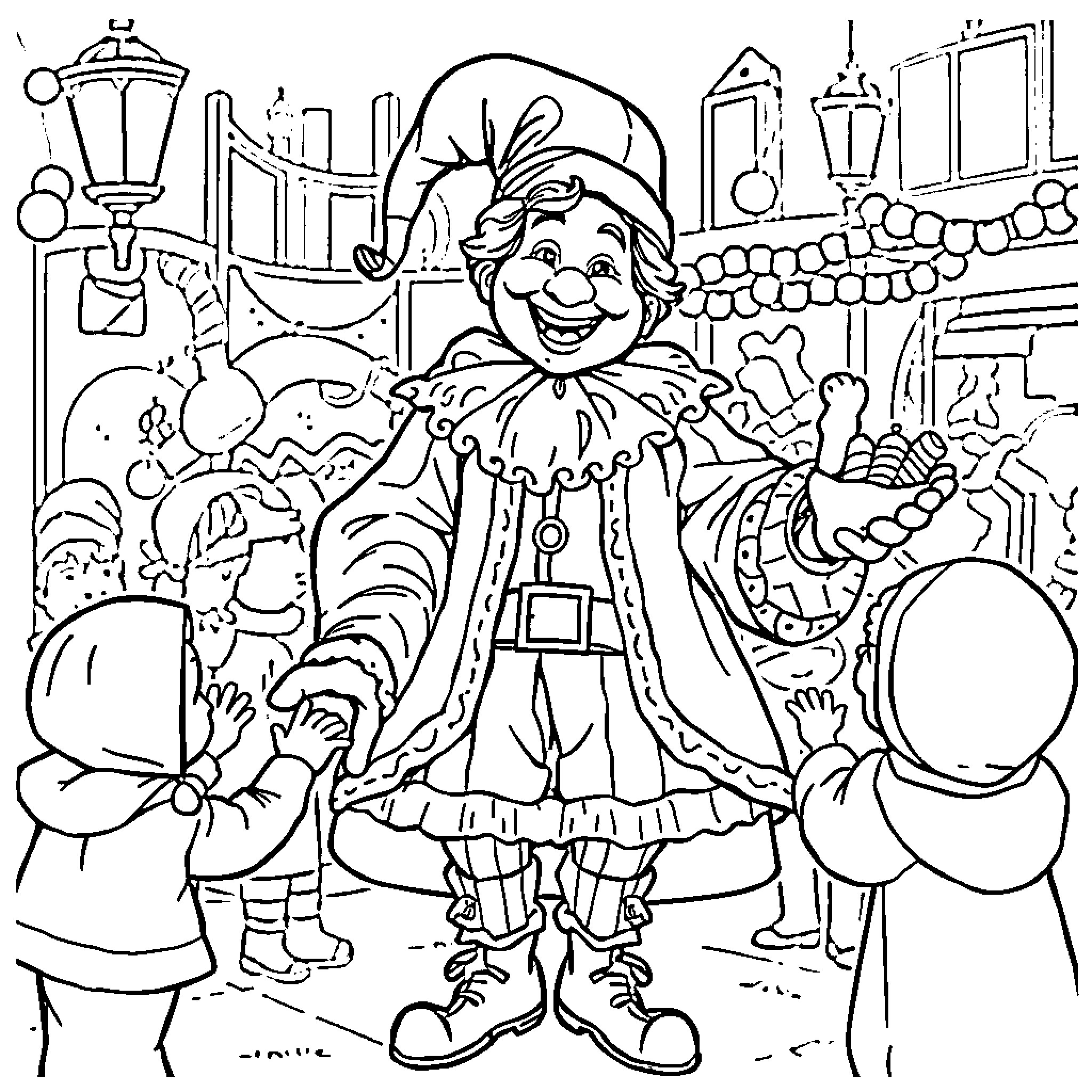 Zwarte Piet engaging with joyful crowd in festive attire Coloring Page (free black-and-white line drawing printable PDF for all, from beginners to advanced learners, including children, teens, adults, and seniors)