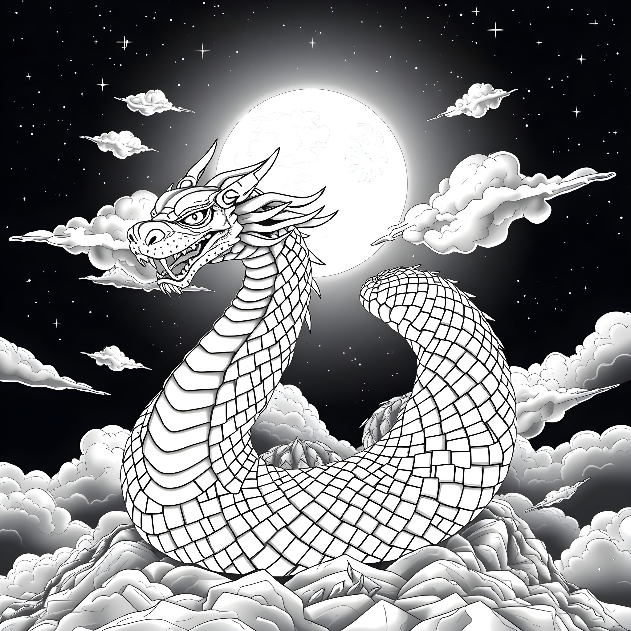 Uktena Dragon in the Moonlit Clouds Coloring Page (free black-and-white line drawing printable PDF for all, from beginners to advanced learners, including children, teens, adults, and seniors)