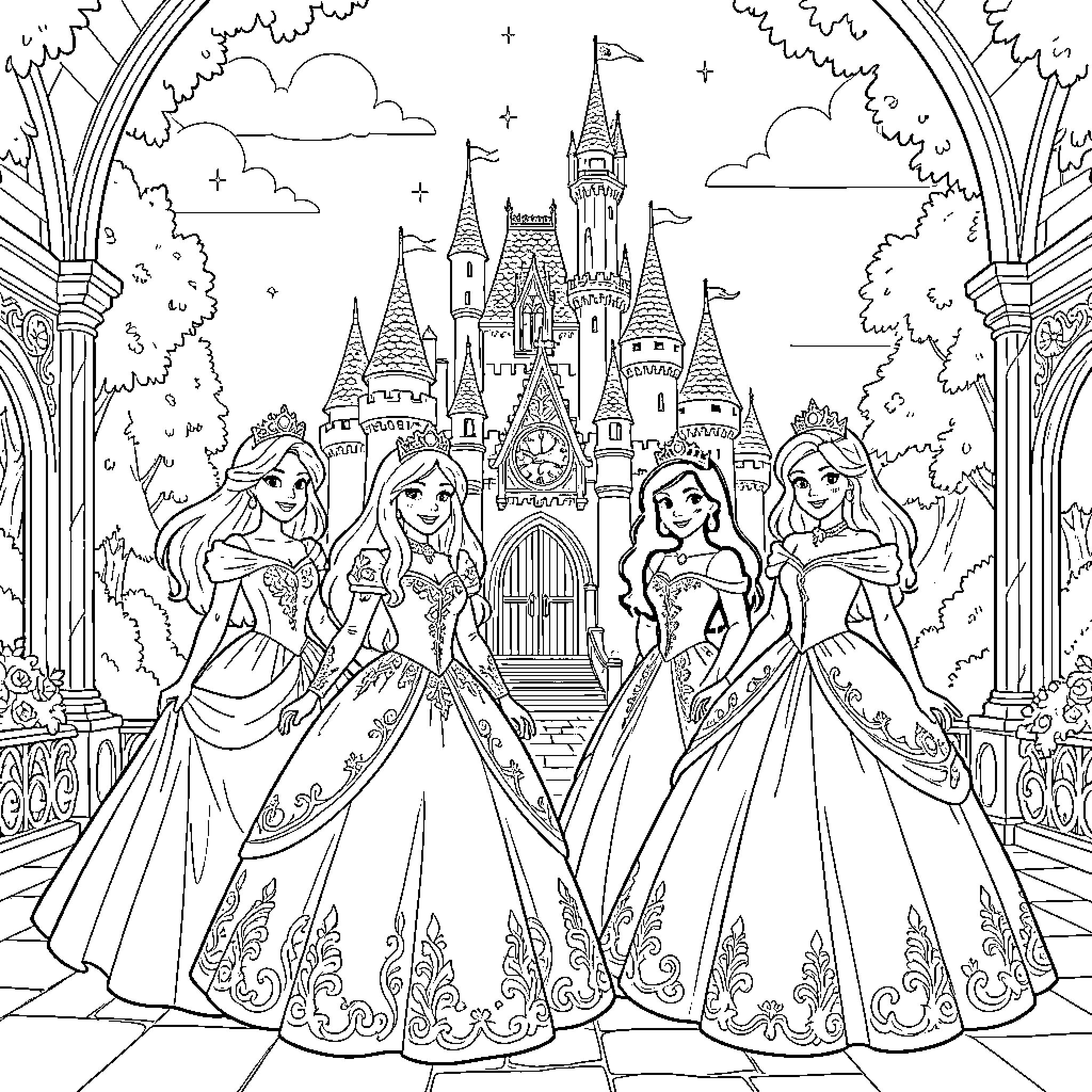 Disney Princesses posing elegantly in front of a castle Coloring Page (free black-and-white line drawing printable PDF for all, from beginners to advanced learners, including children, teens, adults, and seniors)