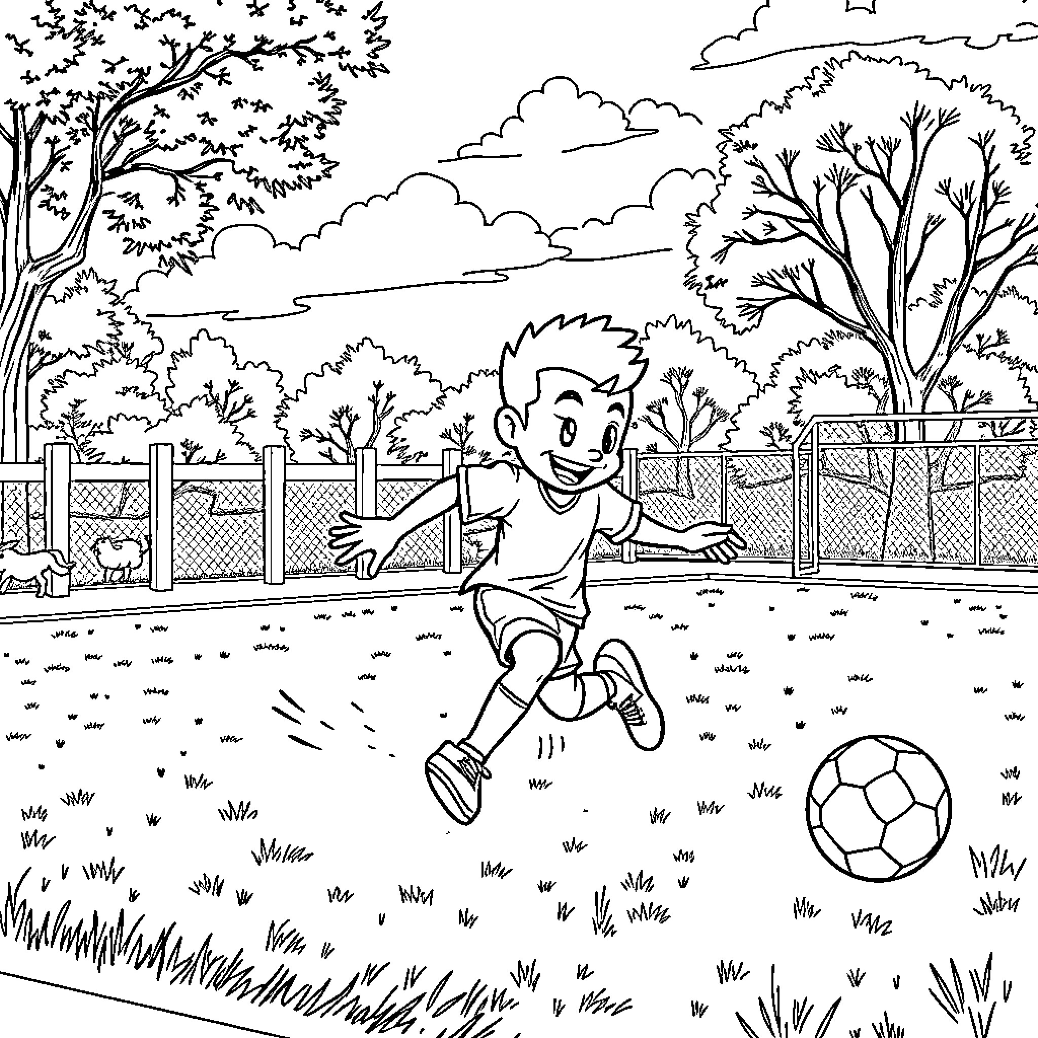 Bluey playing happily with a soccer ball in the park Coloring Page (free black-and-white line drawing printable PDF for all, from beginners to advanced learners, including children, teens, adults, and seniors)