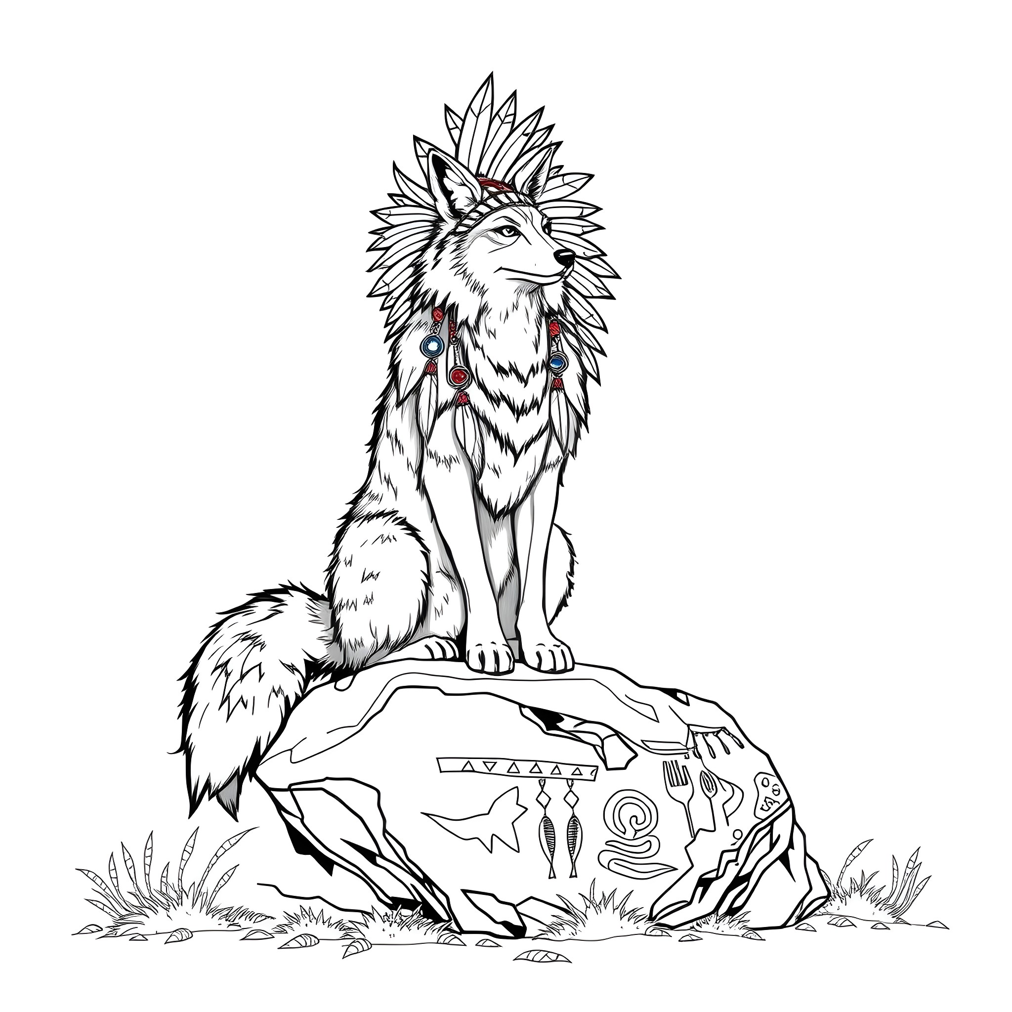 Coyote sitting atop a decorated rock Coloring Page (free black-and-white line drawing printable PDF for all, from beginners to advanced learners, including children, teens, adults, and seniors)