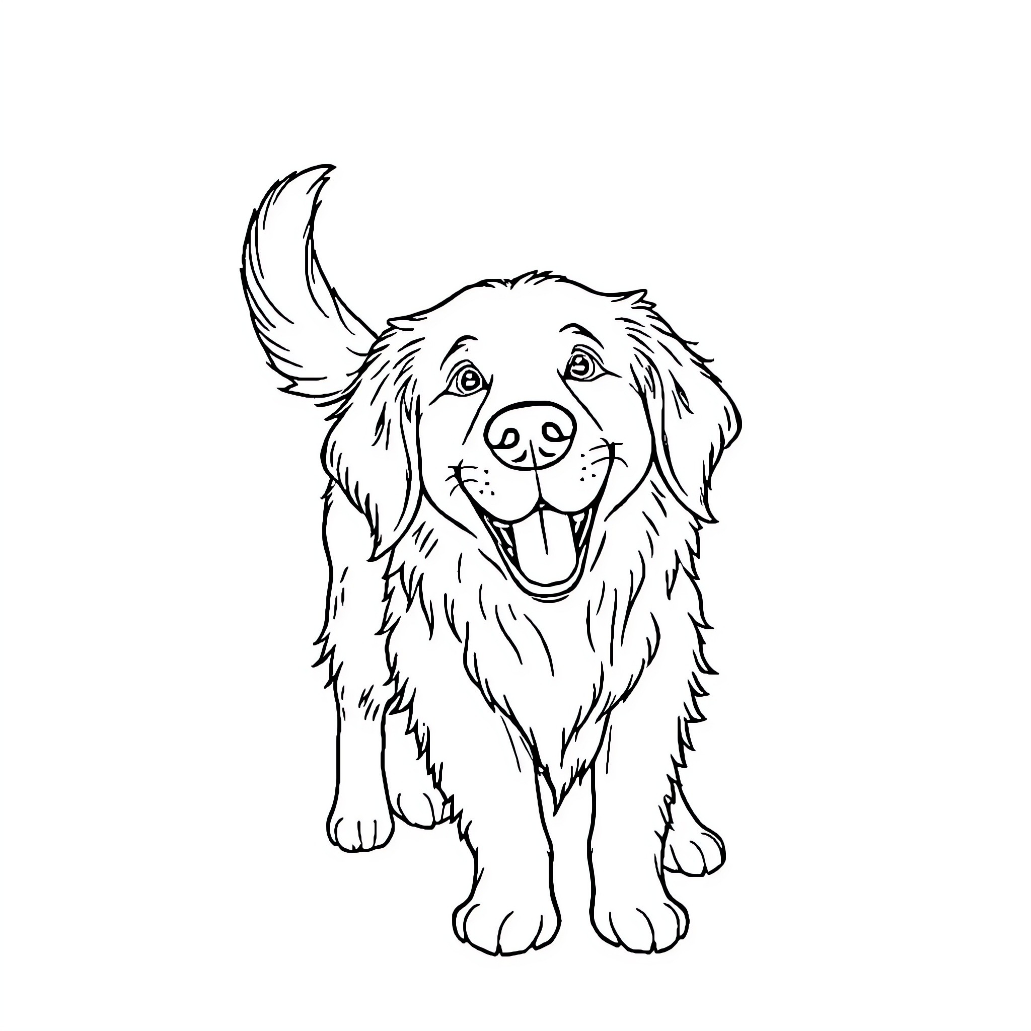 Golden Retriever Happily Wagging Its Tail Coloring Page (free black-and-white line drawing printable PDF for all, from beginners to advanced learners, including children, teens, adults, and seniors)