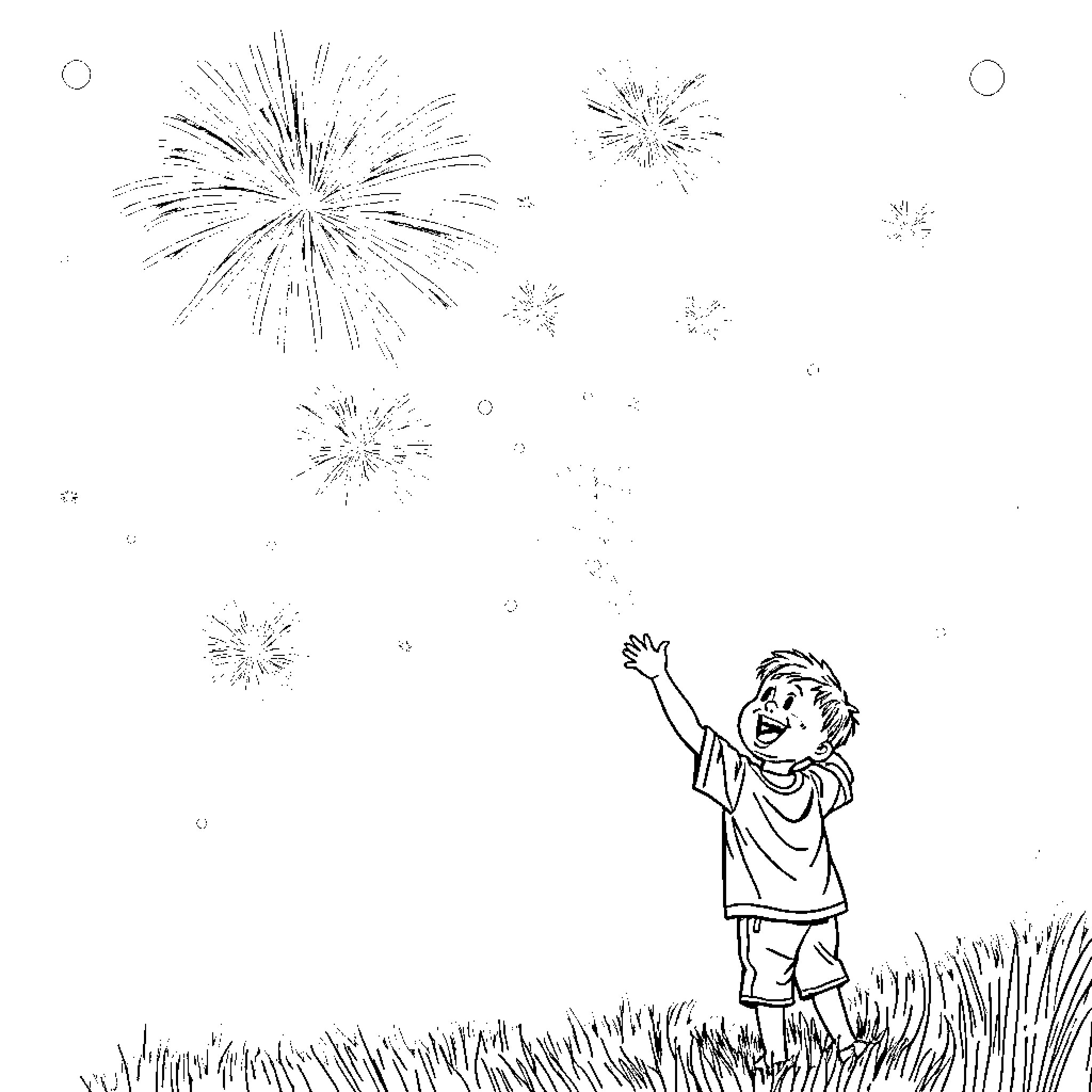 Boy watching fireworks in the night sky Coloring Page (free black-and-white line drawing printable PDF for all, from beginners to advanced learners, including children, teens, adults, and seniors)