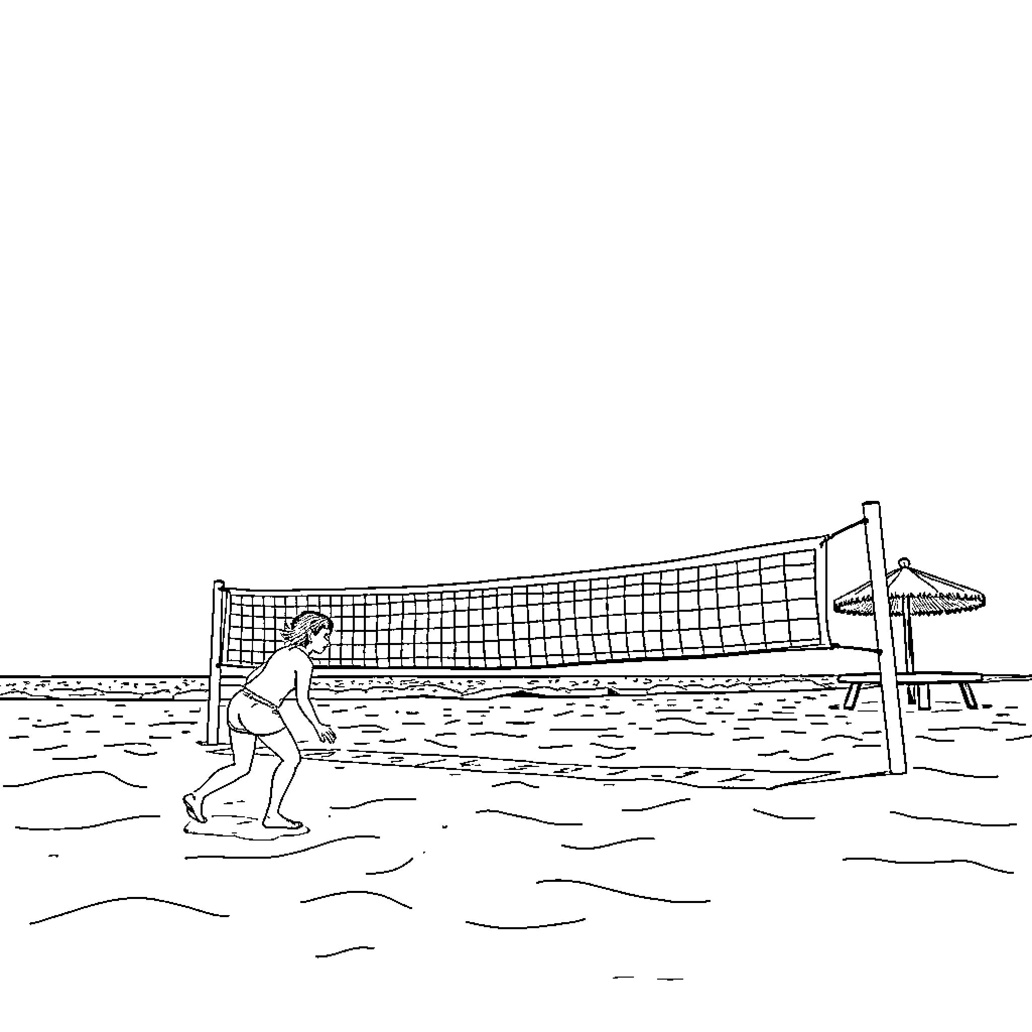 Beach volleyball game on the shore Coloring Page (free black-and-white line drawing printable PDF for all, from beginners to advanced learners, including children, teens, adults, and seniors)