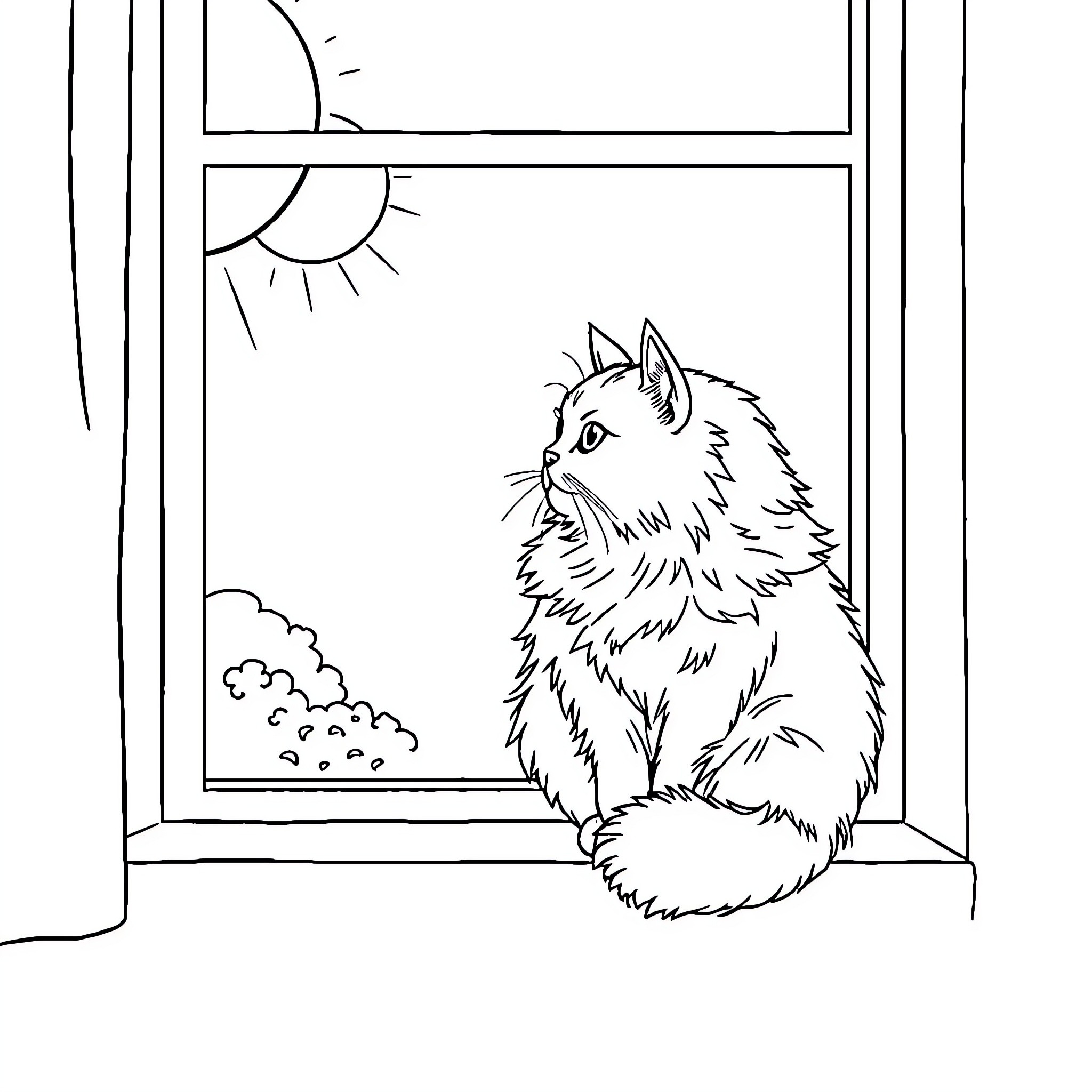 Cat enjoying the view from the window Coloring Page (free black-and-white line drawing printable PDF for all, from beginners to advanced learners, including children, teens, adults, and seniors)