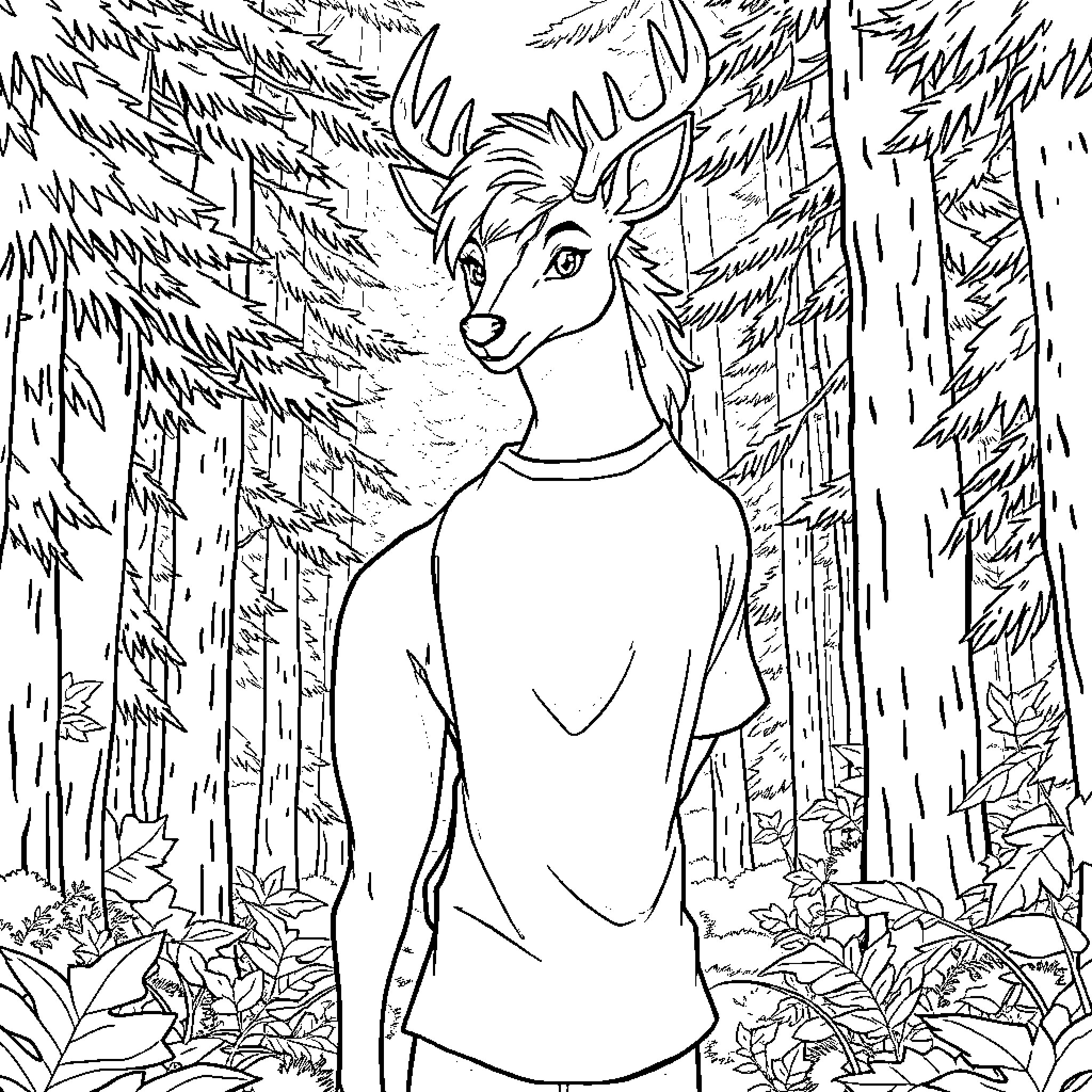 Deer standing alert in the forest Coloring Page (free black-and-white line drawing printable PDF for all, from beginners to advanced learners, including children, teens, adults, and seniors)