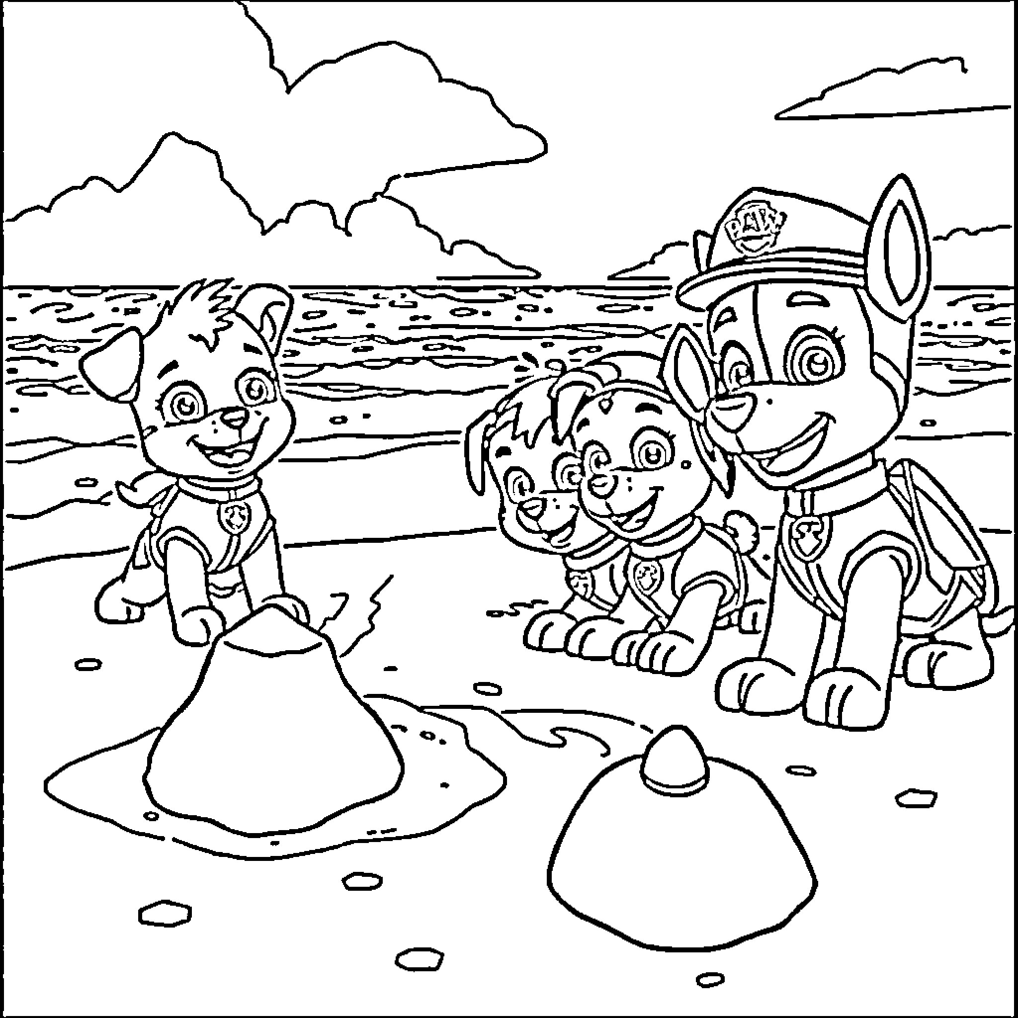 Paw Patrol Puppies Explore the Beach Coloring Page (free black-and-white line drawing printable PDF for all, from beginners to advanced learners, including children, teens, adults, and seniors)
