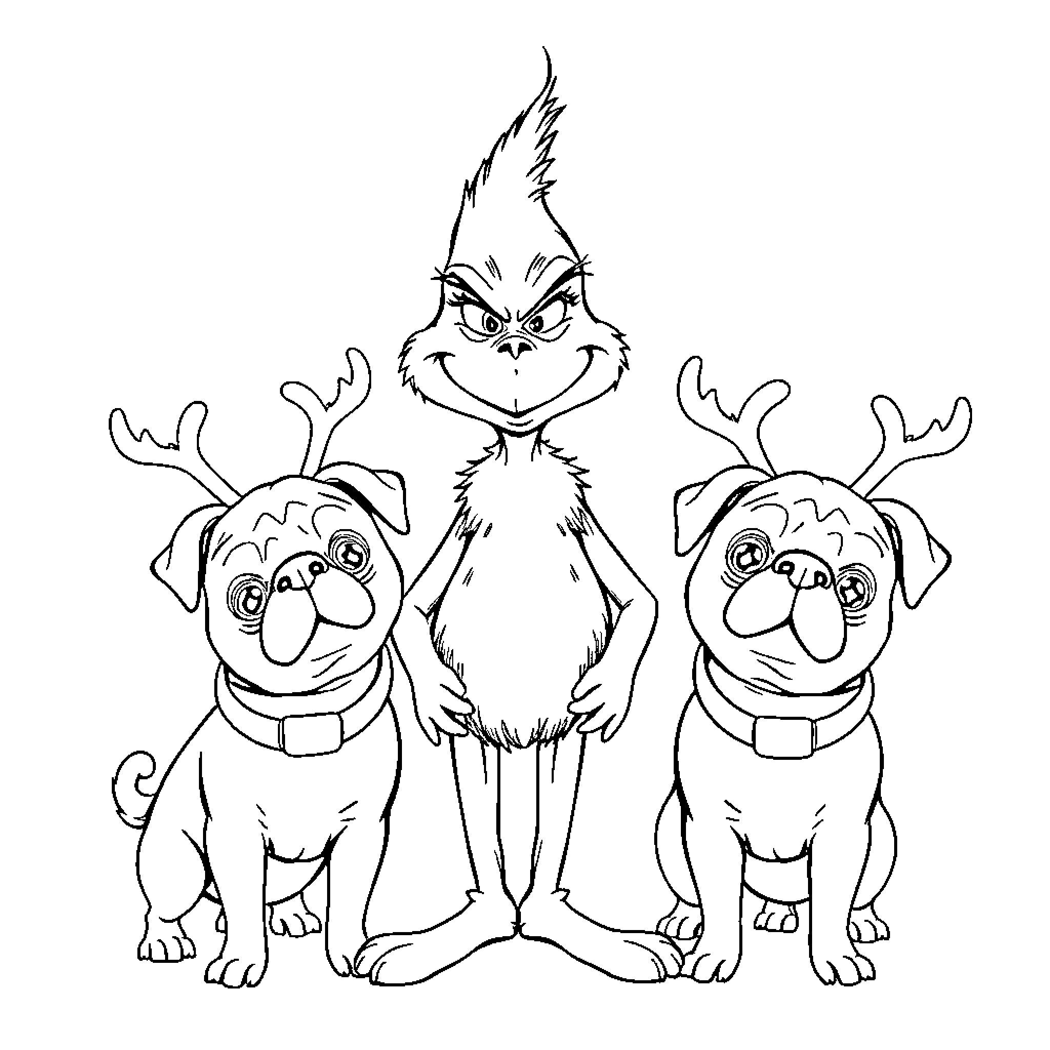 Grinch with mischievous pups in playful pose Coloring Page (free black-and-white line drawing printable PDF for all, from beginners to advanced learners, including children, teens, adults, and seniors)