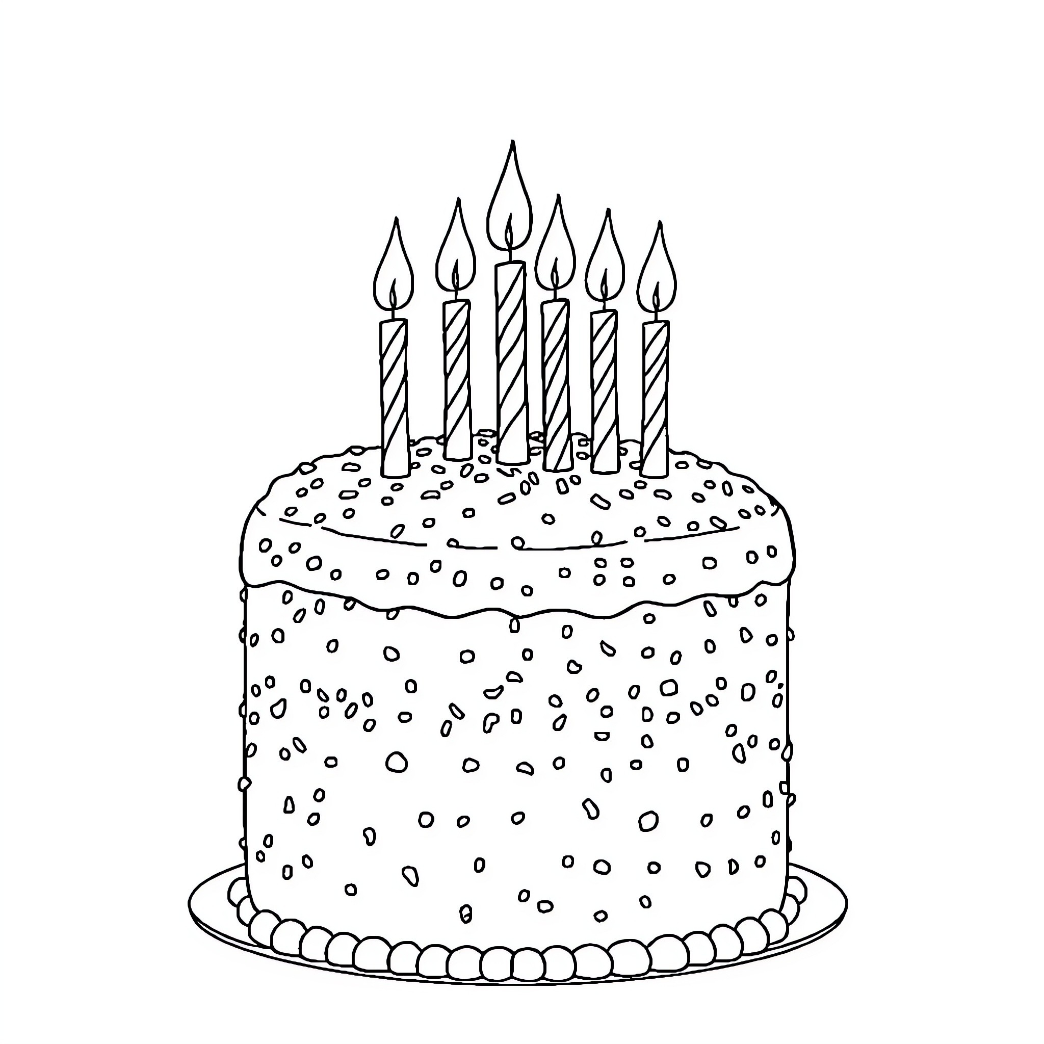 Birthday Cake with Lit Candles Coloring Page (free black-and-white line drawing printable PDF for all, from beginners to advanced learners, including children, teens, adults, and seniors)