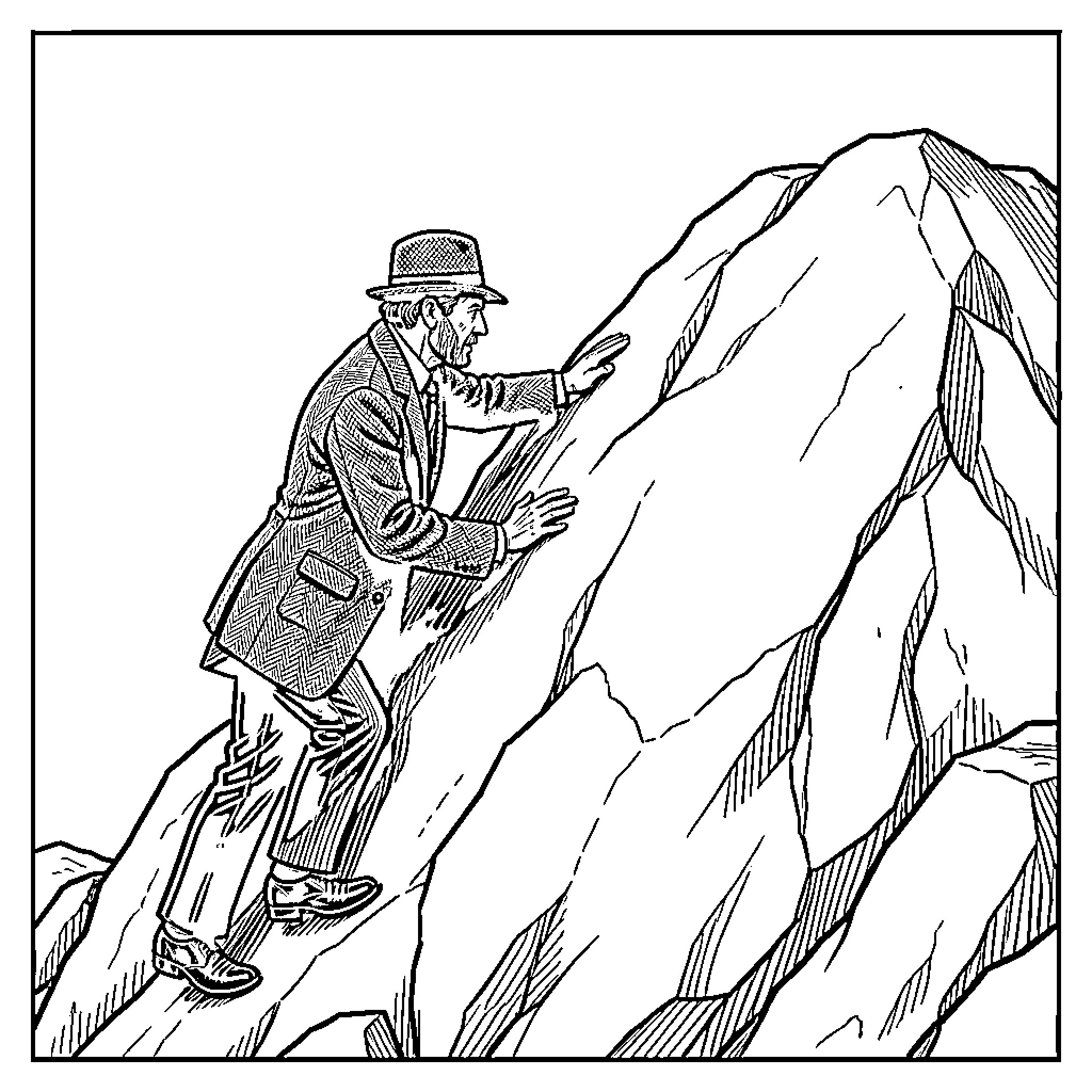 Thomas Shelby mountaineering in rugged terrain Coloring Page (free black-and-white line drawing printable PDF for all, from beginners to advanced learners, including children, teens, adults, and seniors)