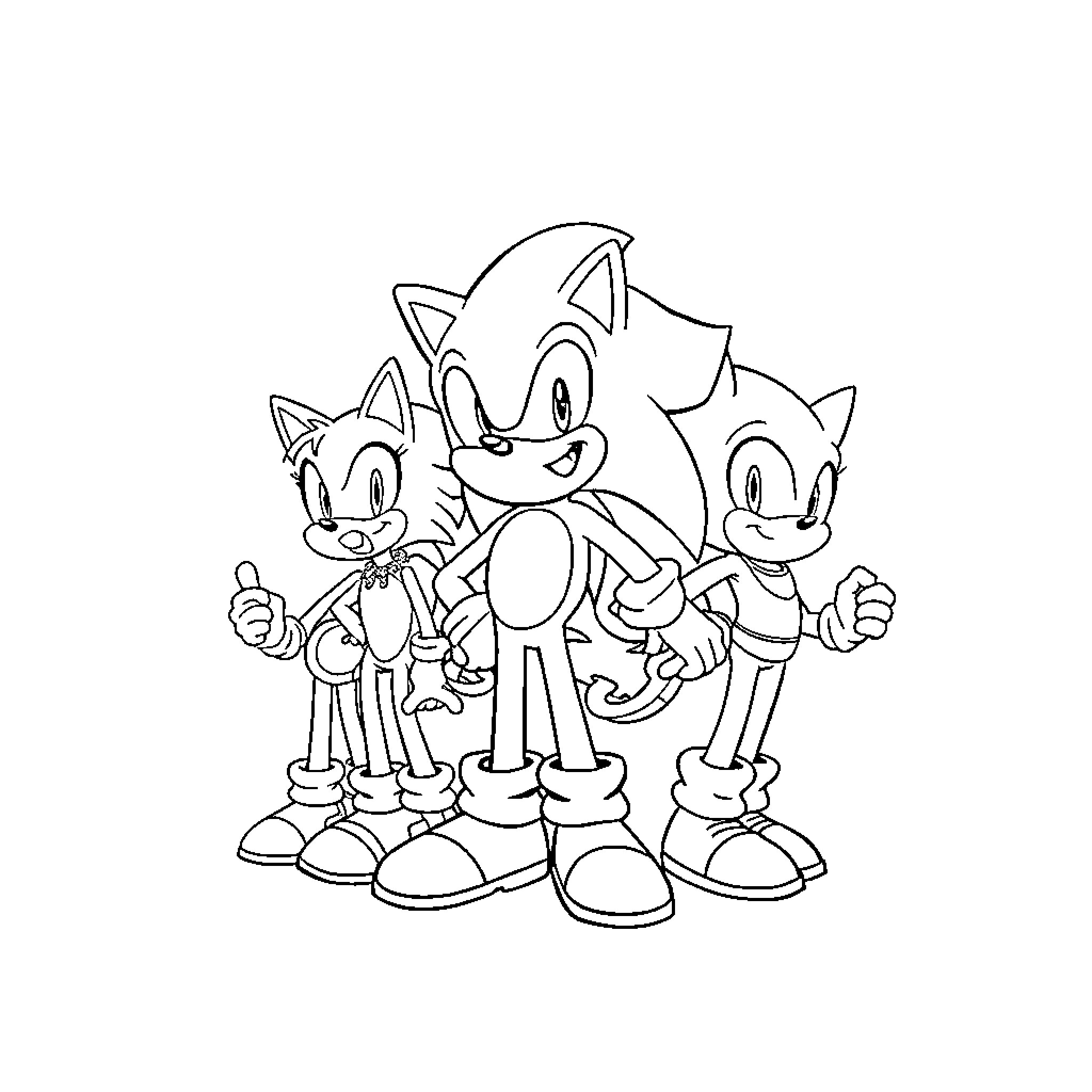 Sonic and friends posing together happily Coloring Page (free black-and-white line drawing printable PDF for all, from beginners to advanced learners, including children, teens, adults, and seniors)