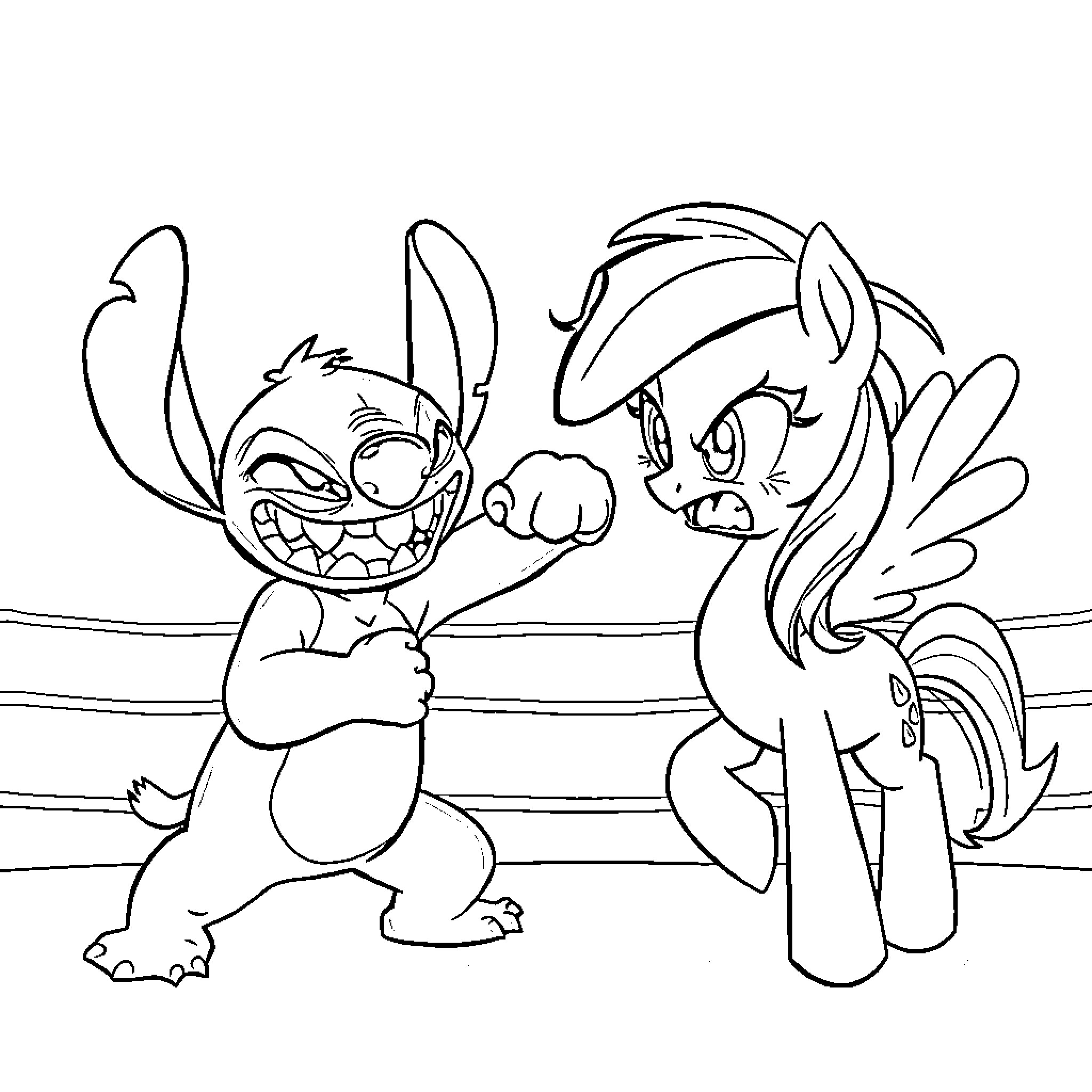 Stitch playing with a pony character Coloring Page (free black-and-white line drawing printable PDF for all, from beginners to advanced learners, including children, teens, adults, and seniors)