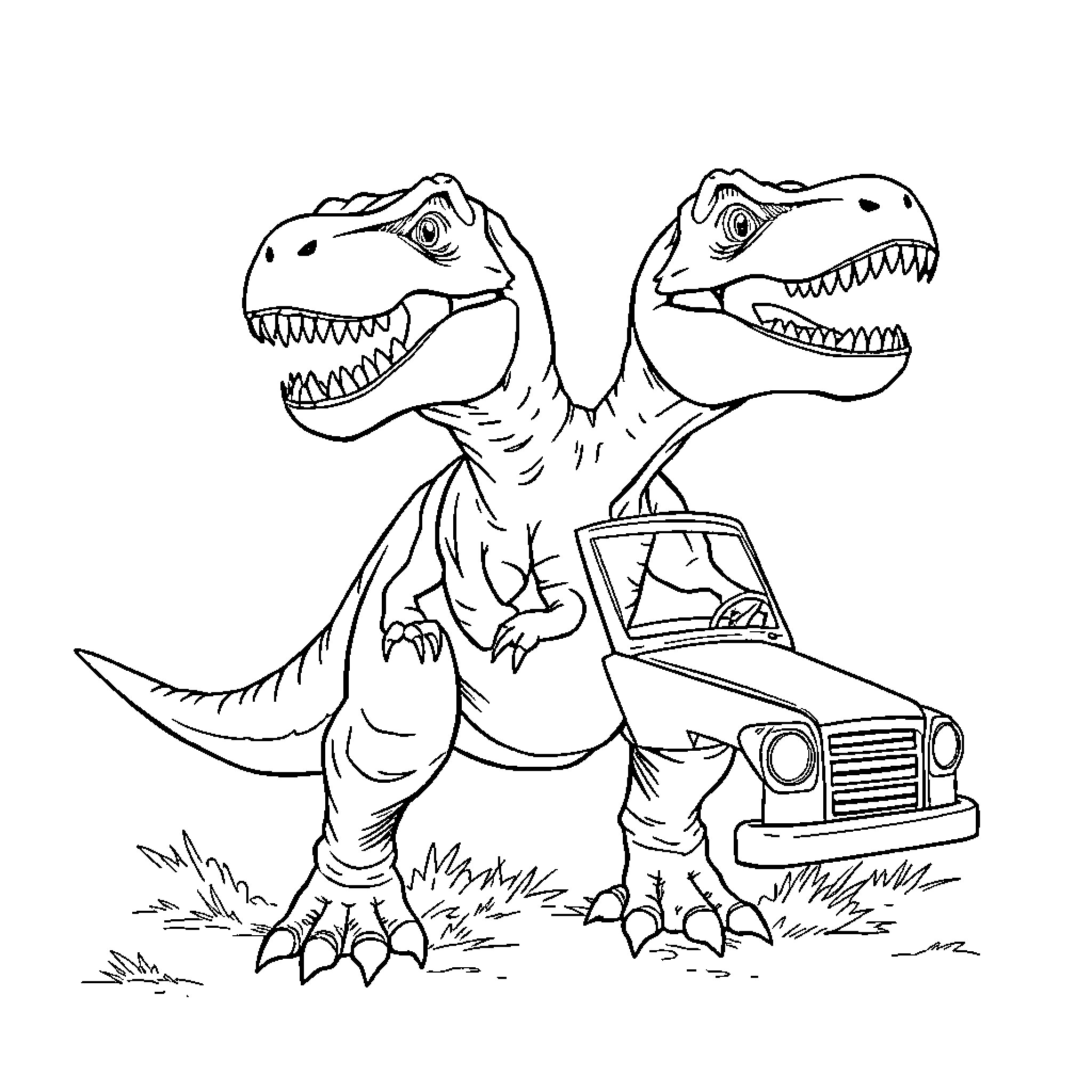 T-Rex Dinosaurs Exploring in a Jeep Coloring Page (free black-and-white line drawing printable PDF for all, from beginners to advanced learners, including children, teens, adults, and seniors)