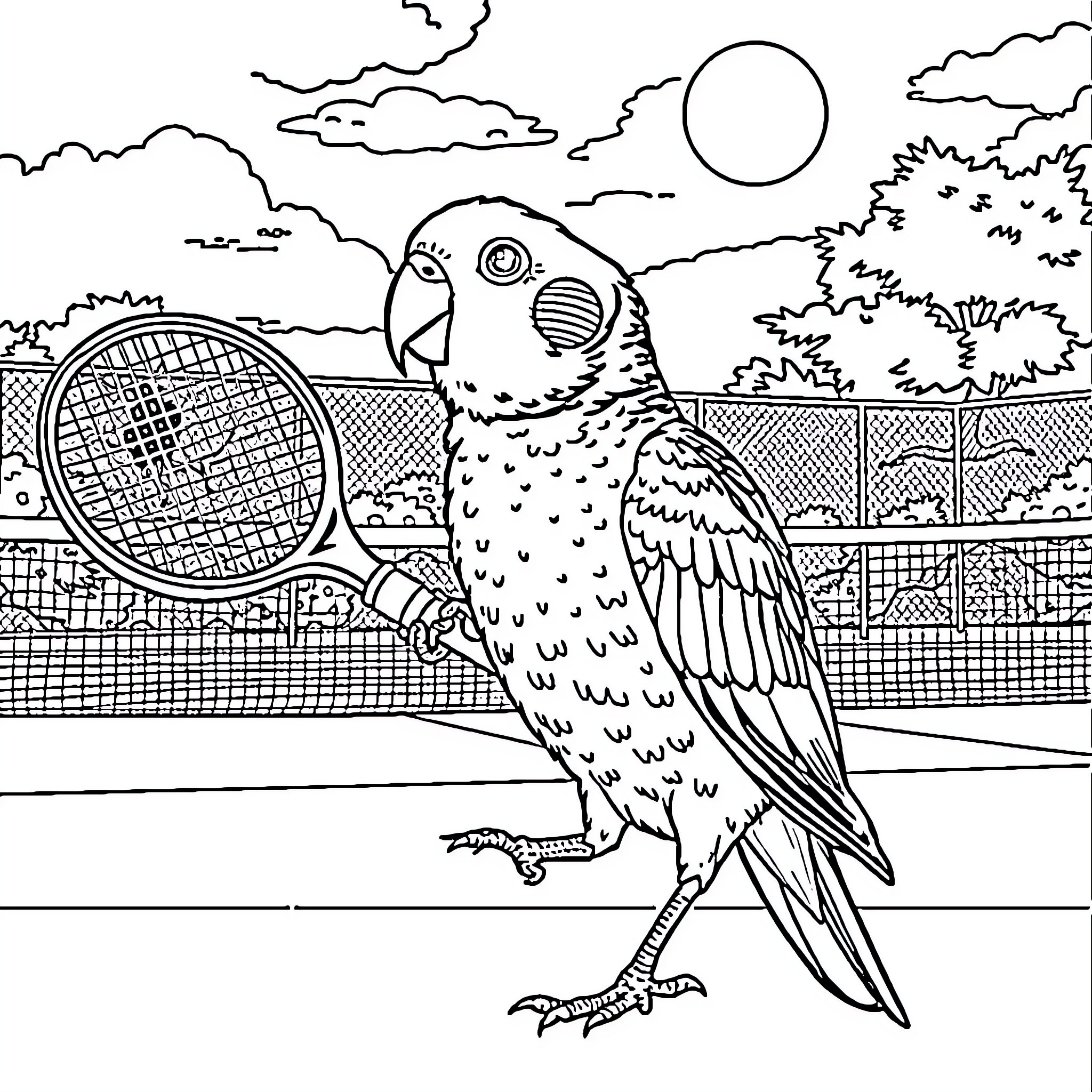 Parakeet playing with tennis racket in scenic outdoor setting Coloring Page (free black-and-white line drawing printable PDF for all, from beginners to advanced learners, including children, teens, adults, and seniors)