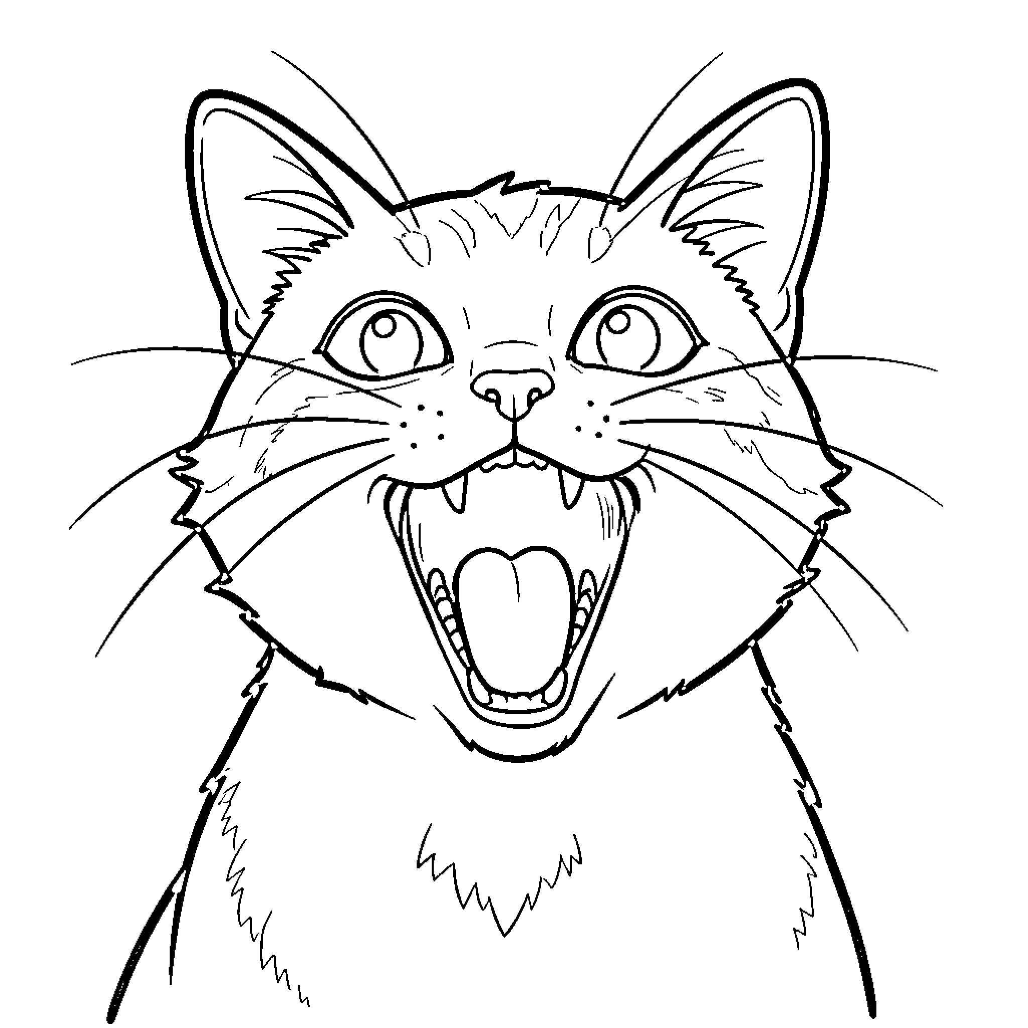 Cat making a fierce expression Coloring Page (free black-and-white line drawing printable PDF for all, from beginners to advanced learners, including children, teens, adults, and seniors)