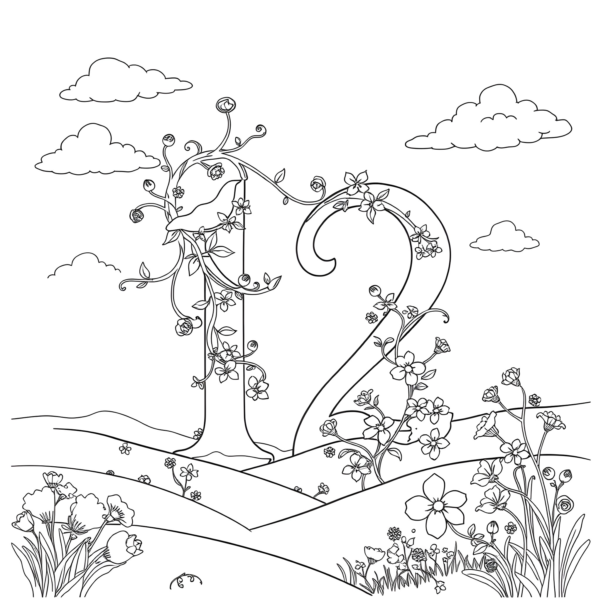 Number 2 Floral Nature Scene with Butterflies Coloring Page (free black-and-white line drawing printable PDF for all, from beginners to advanced learners, including children, teens, adults, and seniors)