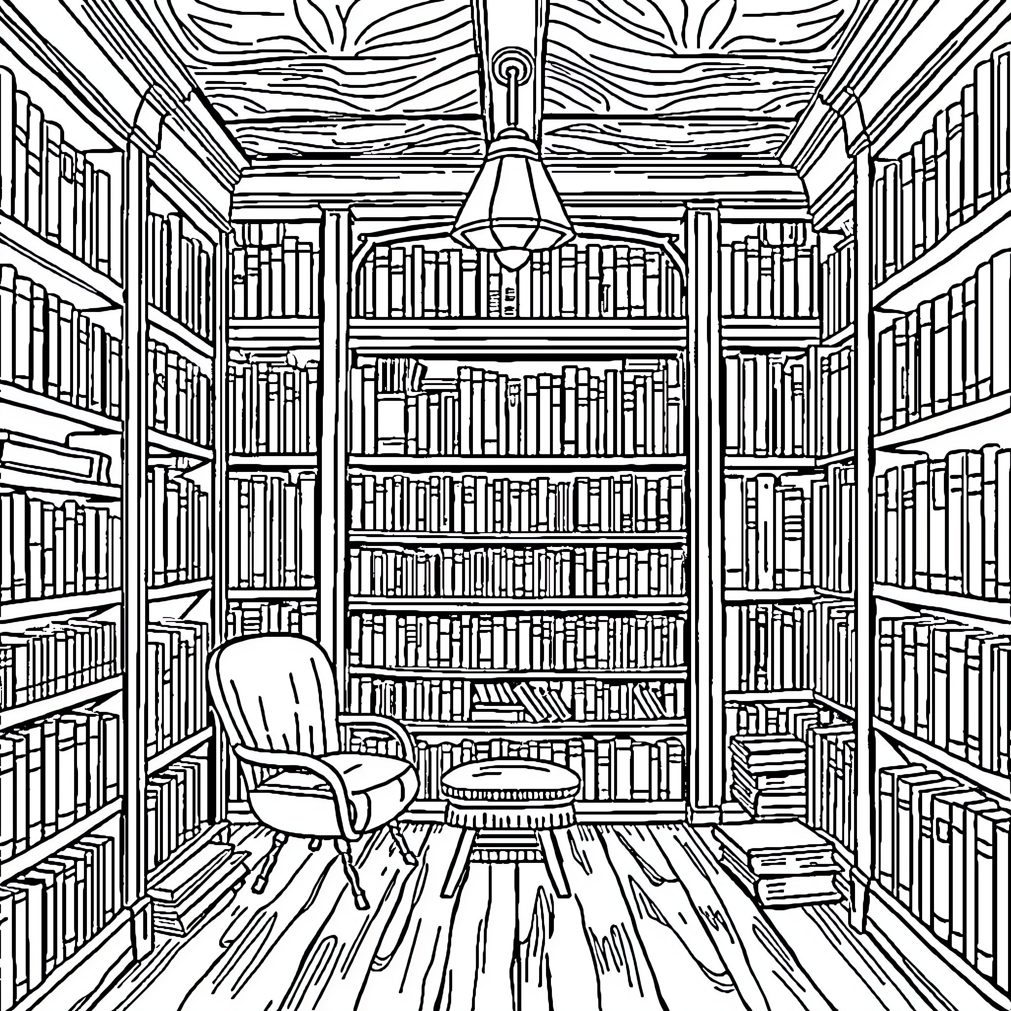 Library of Endless Shelves and Books Coloring Page (free black-and-white line drawing printable PDF for all, from beginners to advanced learners, including children, teens, adults, and seniors)