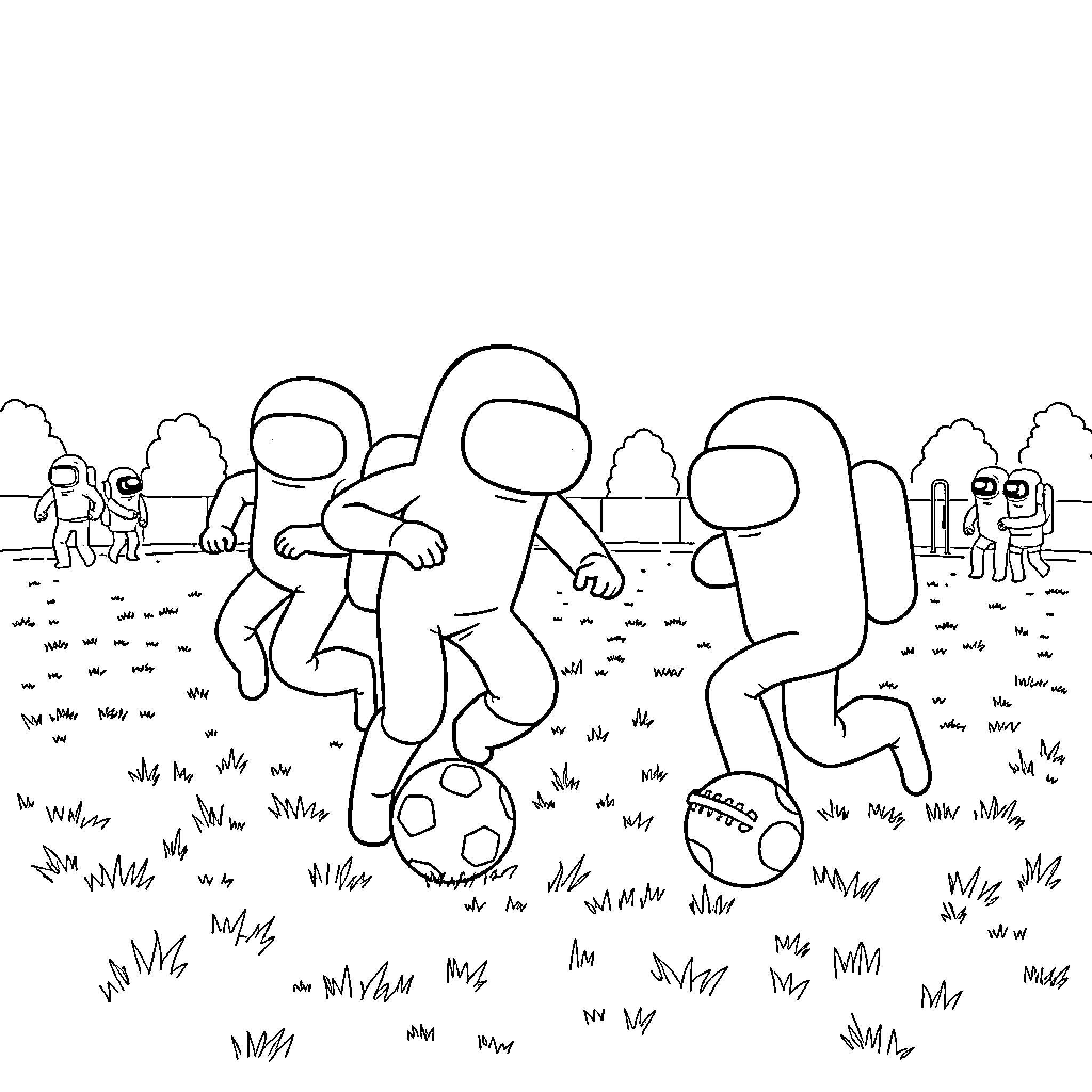 Among Us Characters Playing Soccer on the Field Coloring Page (free black-and-white line drawing printable PDF for all, from beginners to advanced learners, including children, teens, adults, and seniors)