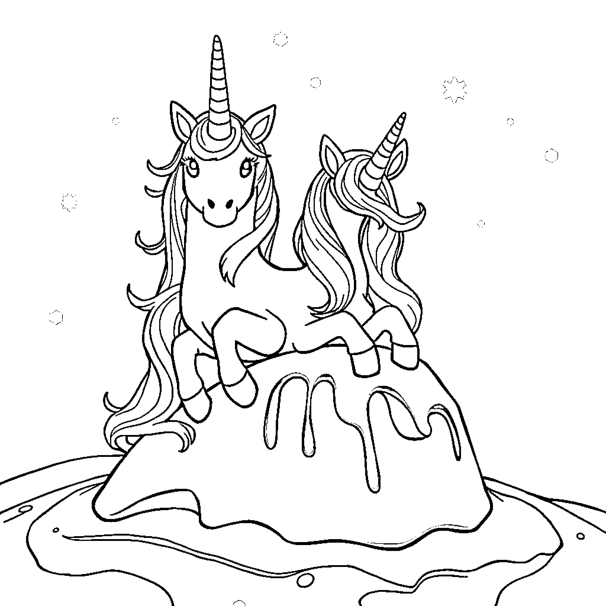 Unicorns playing joyfully on a magical mountain Coloring Page (free black-and-white line drawing printable PDF for all, from beginners to advanced learners, including children, teens, adults, and seniors)