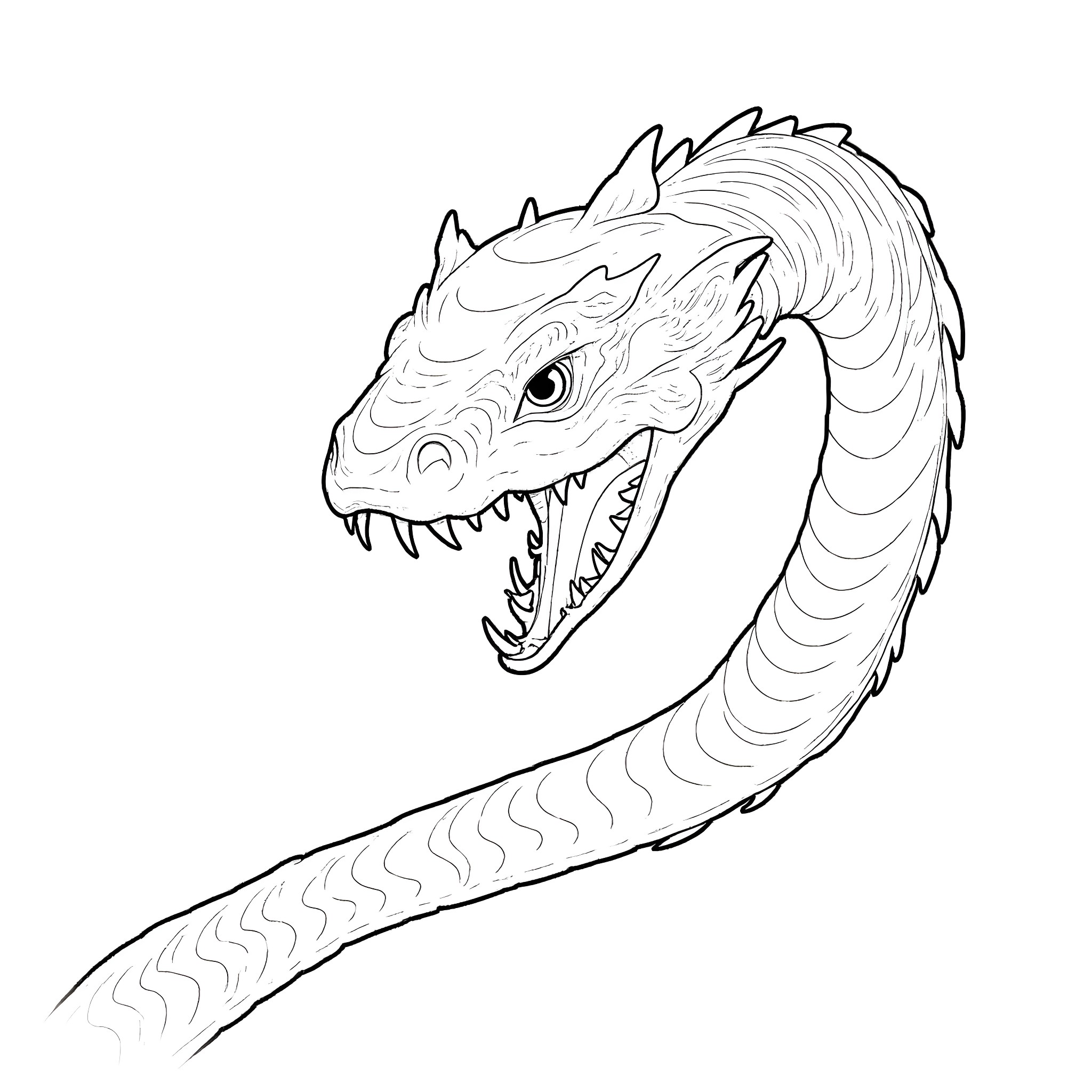 Mech Snake Coiling and Preparing to Strike Coloring Page (free black-and-white line drawing printable PDF for all, from beginners to advanced learners, including children, teens, adults, and seniors)