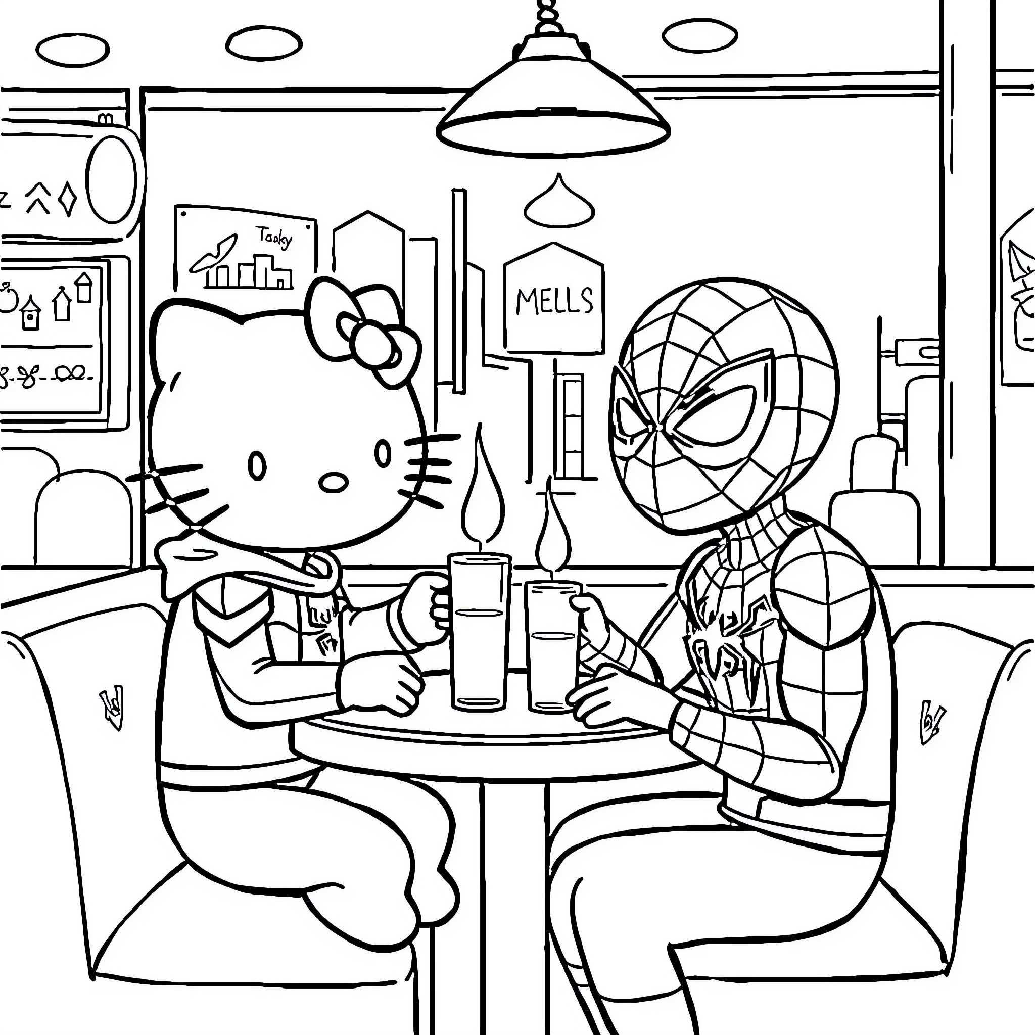 Hello Kitty Enjoying Milkshake with Spiderman Coloring Page (free black-and-white line drawing printable PDF for all, from beginners to advanced learners, including children, teens, adults, and seniors)