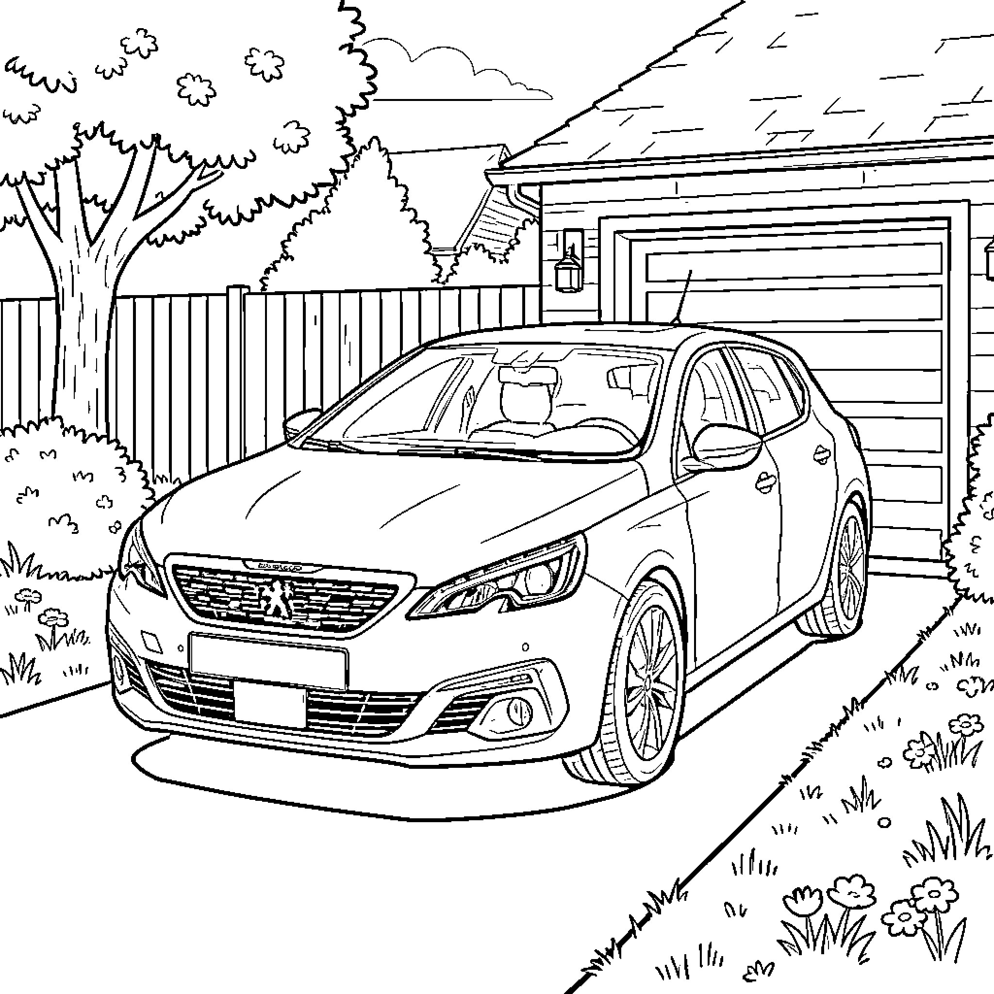 Peugeot 308 parked in front of a garage Coloring Page (free black-and-white line drawing printable PDF for all, from beginners to advanced learners, including children, teens, adults, and seniors)
