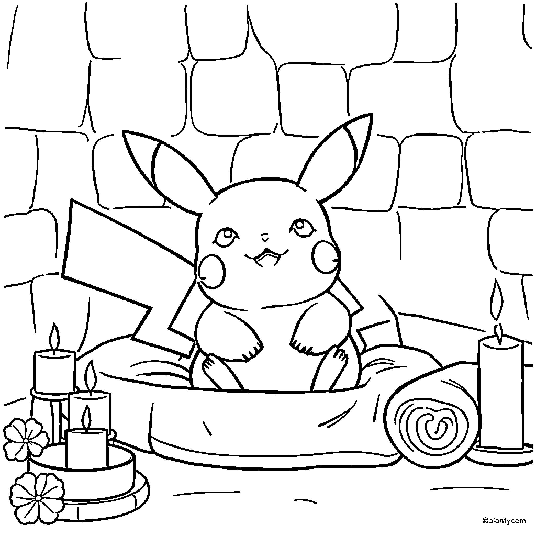 Pikachu relaxing in a cozy setting Coloring Page (free black-and-white line drawing printable PDF for all, from beginners to advanced learners, including children, teens, adults, and seniors)