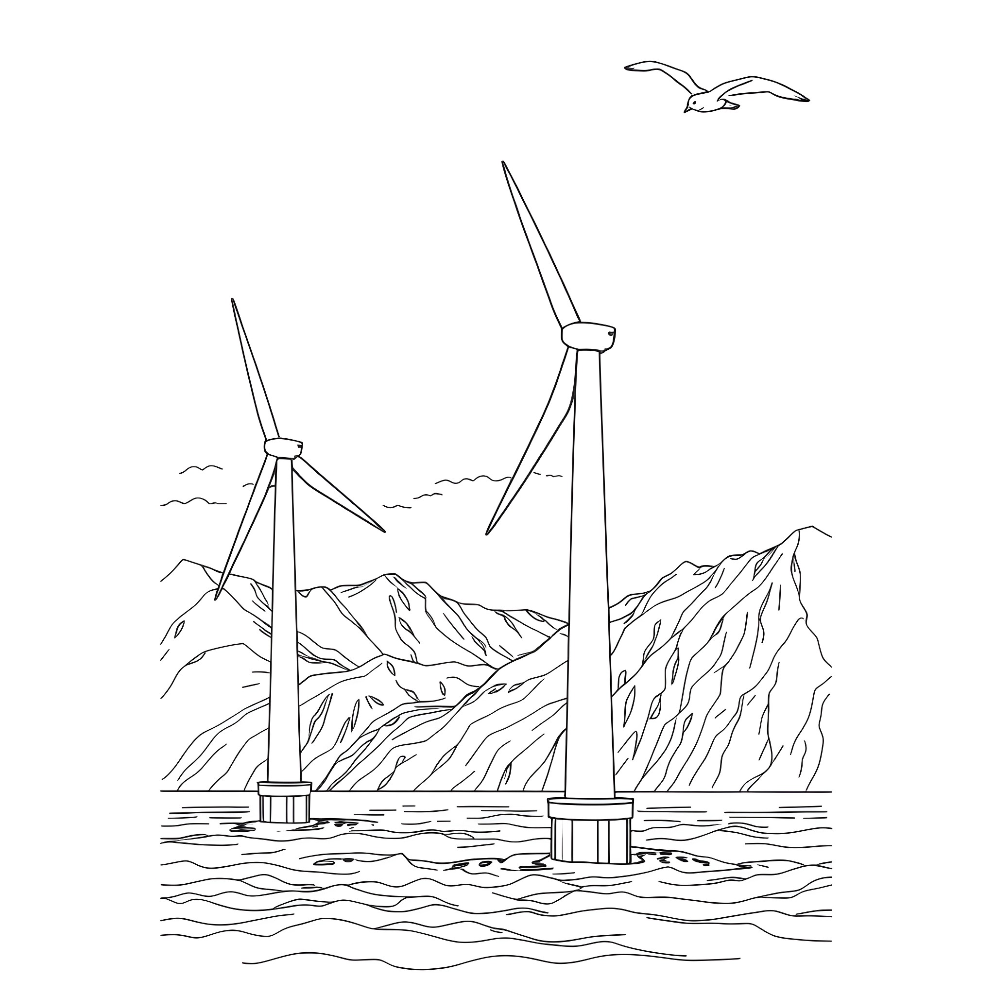 Windmill turbines in the mountains near the ocean Coloring Page (free black-and-white line drawing printable PDF for all, from beginners to advanced learners, including children, teens, adults, and seniors)