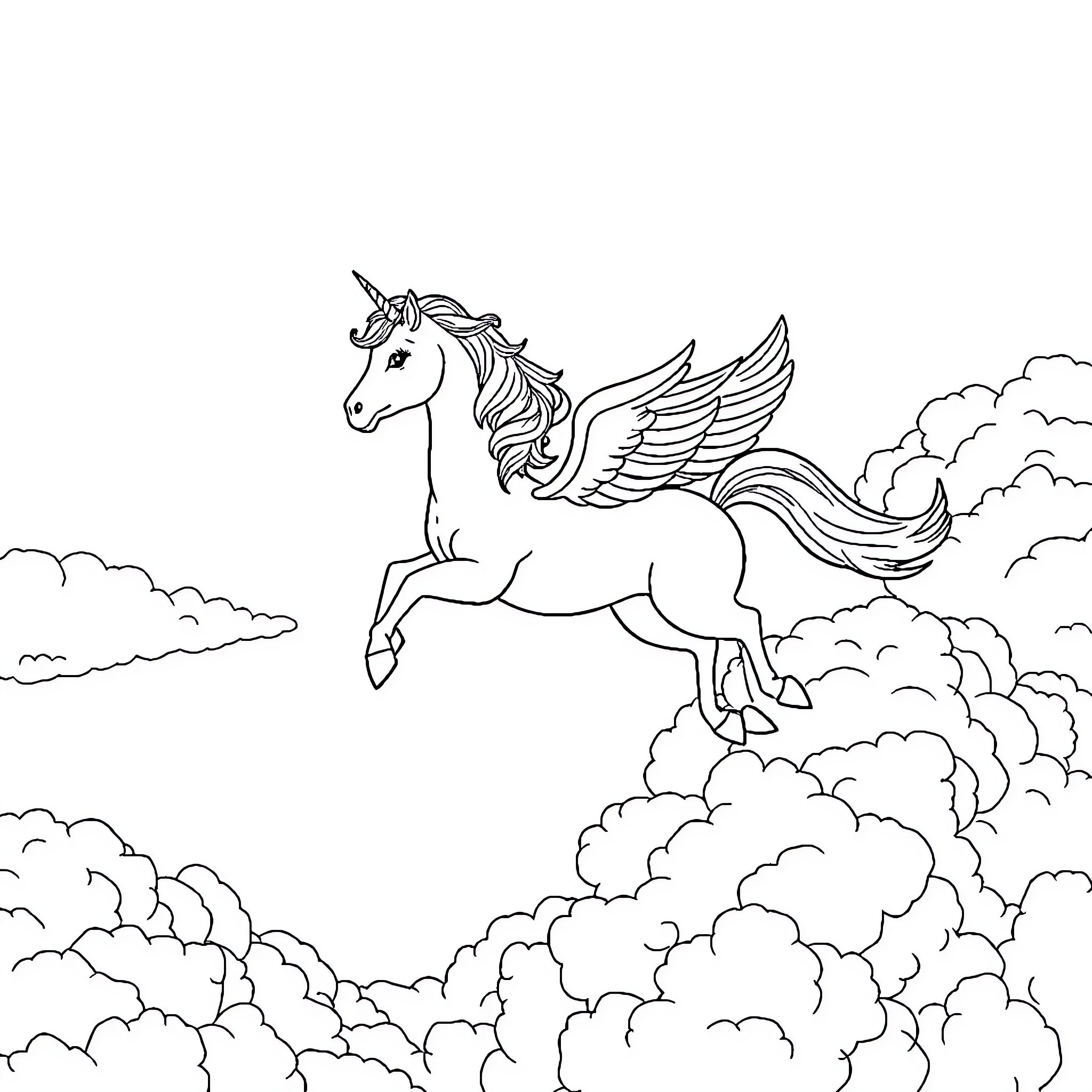 Unicorn soaring through the clouds with wings Coloring Page (free black-and-white line drawing printable PDF for all, from beginners to advanced learners, including children, teens, adults, and seniors)