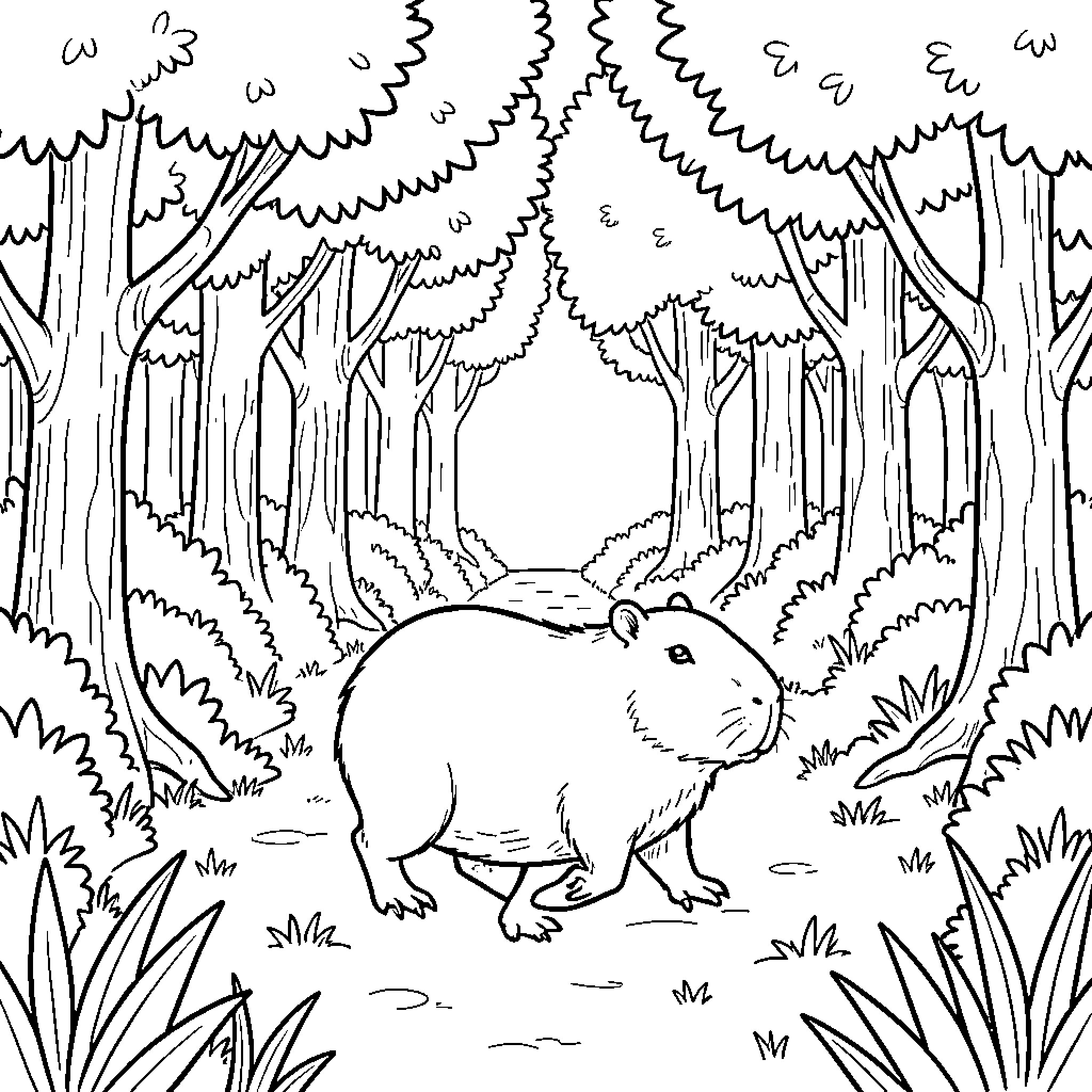 Capybara exploring the forest Coloring Page (free black-and-white line drawing printable PDF for all, from beginners to advanced learners, including children, teens, adults, and seniors)