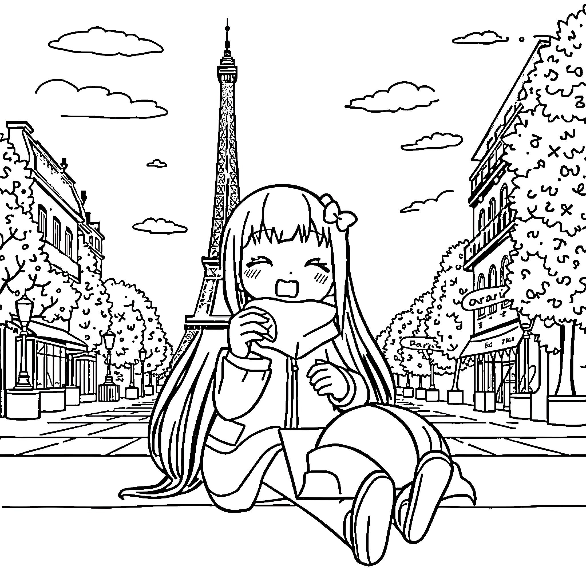 Kuromi enjoying the sights of Paris Coloring Page (free black-and-white line drawing printable PDF for all, from beginners to advanced learners, including children, teens, adults, and seniors)