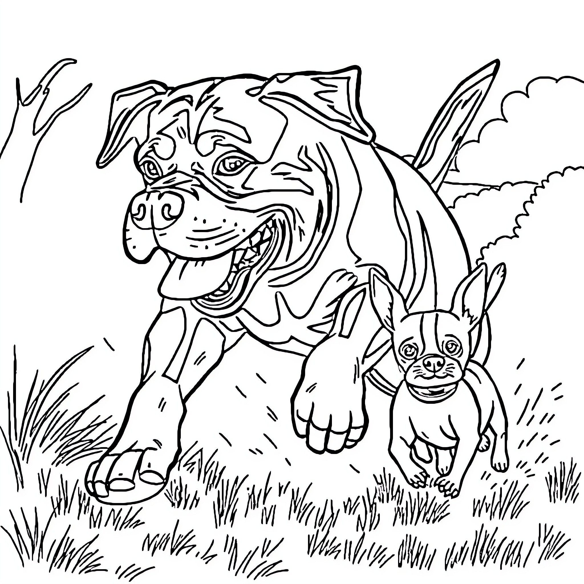Rottweiler playing with adorable rabbit in grassy field Coloring Page (free black-and-white line drawing printable PDF for all, from beginners to advanced learners, including children, teens, adults, and seniors)