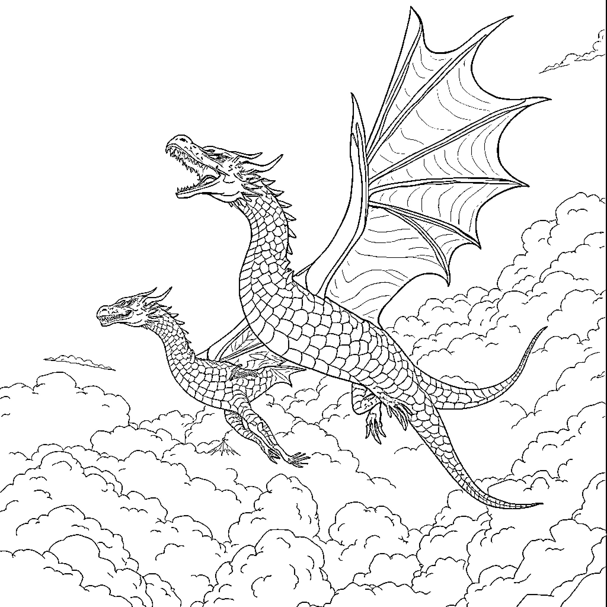 Dragon soaring through cloudy skies Coloring Page (free black-and-white line drawing printable PDF for all, from beginners to advanced learners, including children, teens, adults, and seniors)