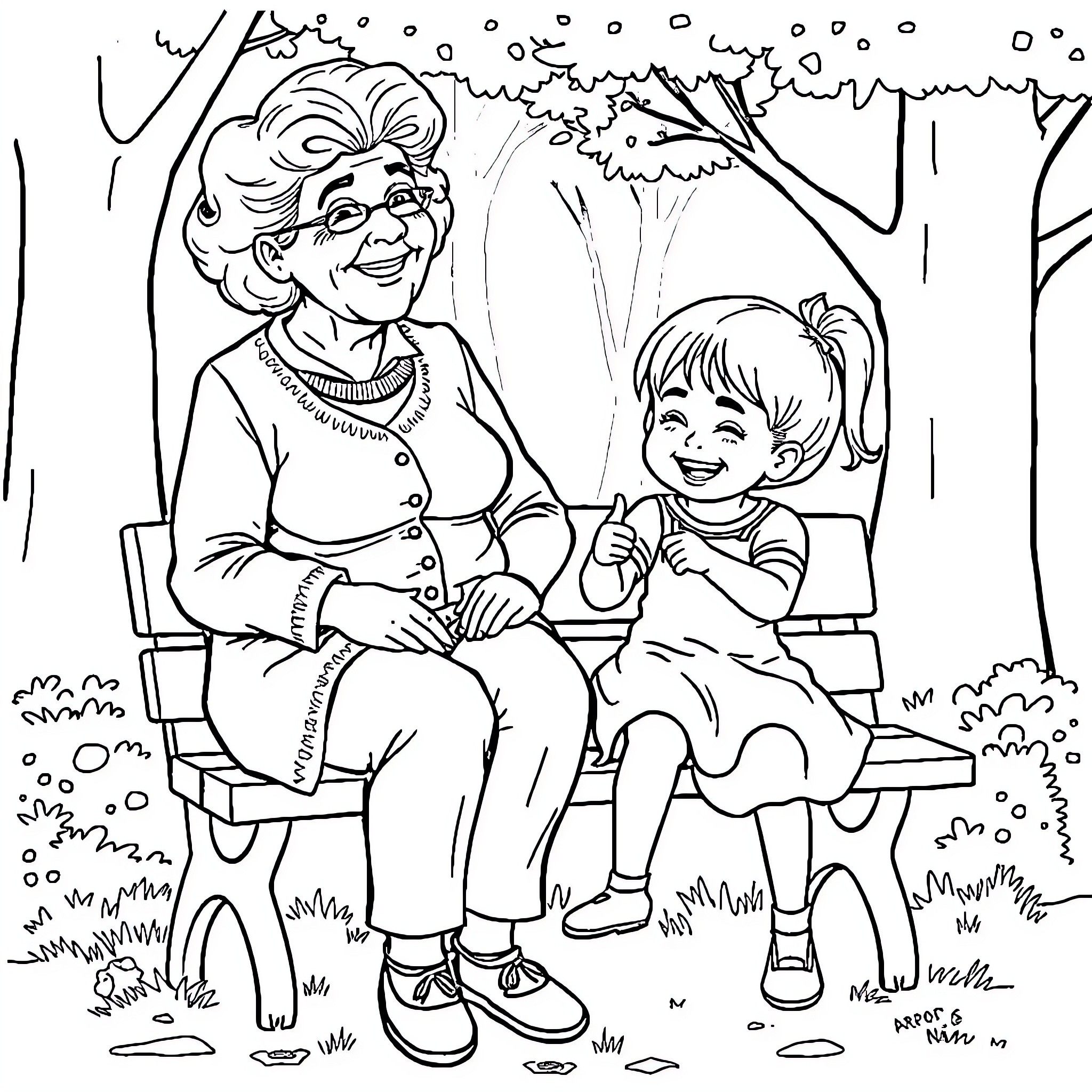 Grandmother and child sharing a moment on a bench Coloring Page (free black-and-white line drawing printable PDF for all, from beginners to advanced learners, including children, teens, adults, and seniors)