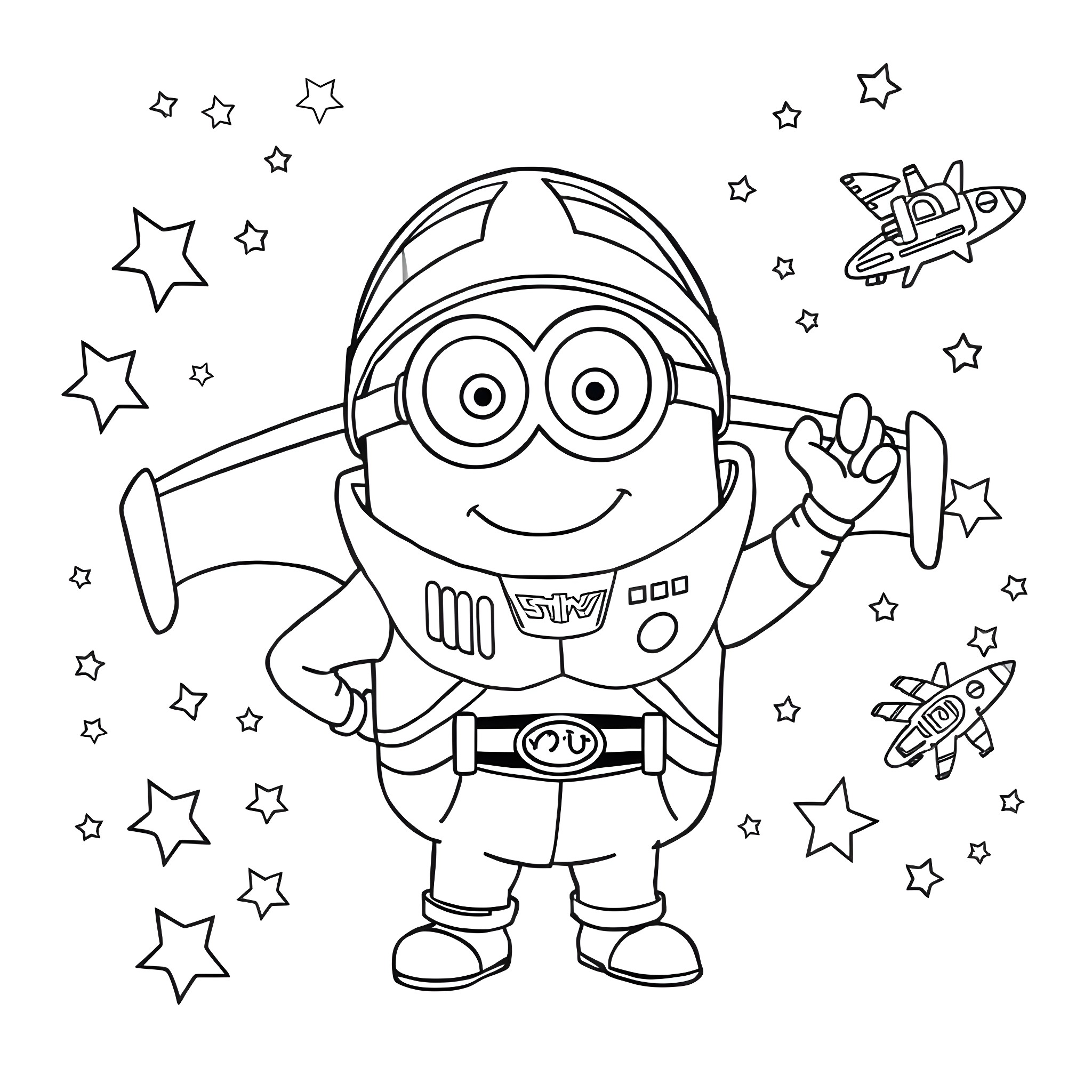 Minion Astronaut Exploring the Starry Galaxy Coloring Page (free black-and-white line drawing printable PDF for all, from beginners to advanced learners, including children, teens, adults, and seniors)