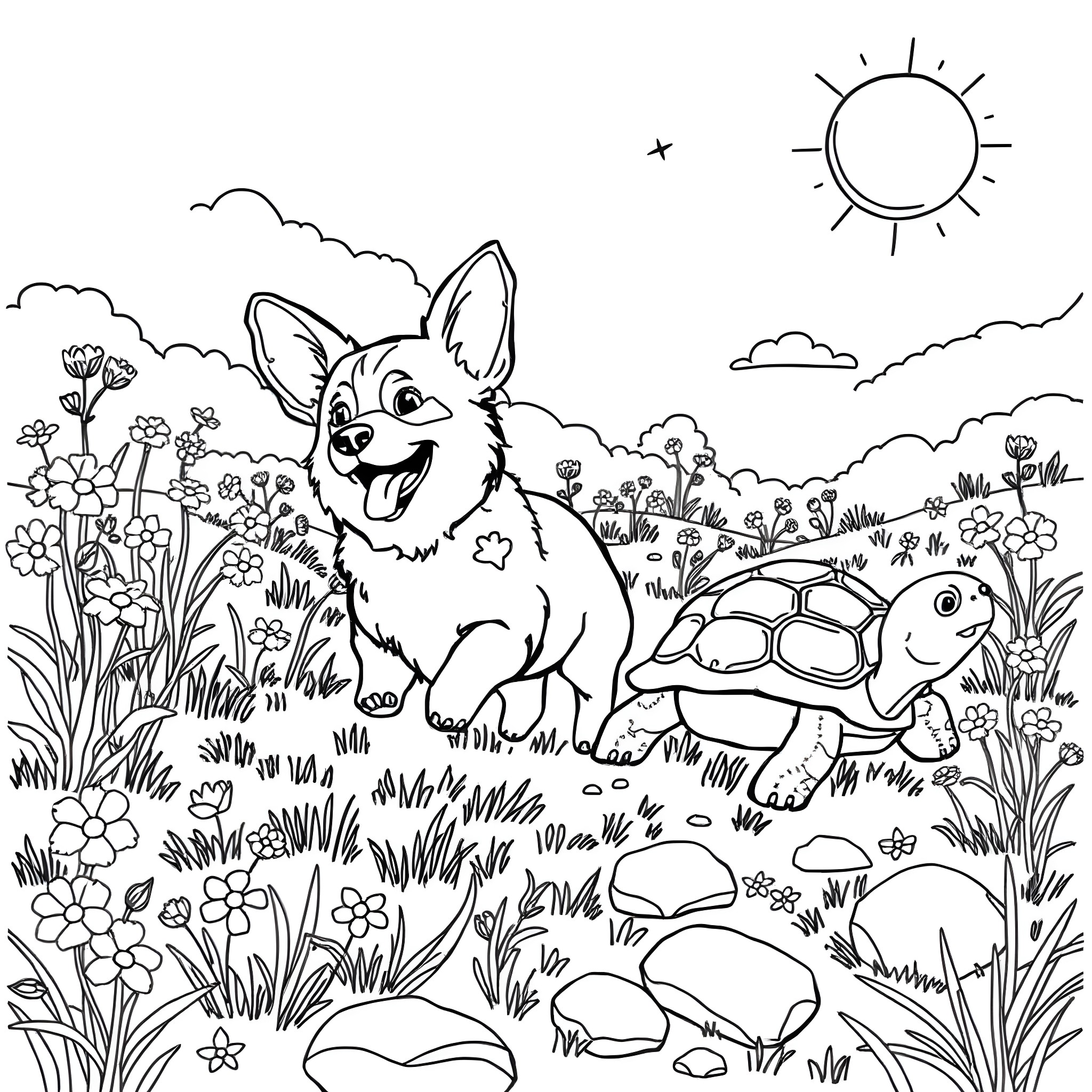 Corgi playing happily with turtle in the meadow Coloring Page (free black-and-white line drawing printable PDF for all, from beginners to advanced learners, including children, teens, adults, and seniors)