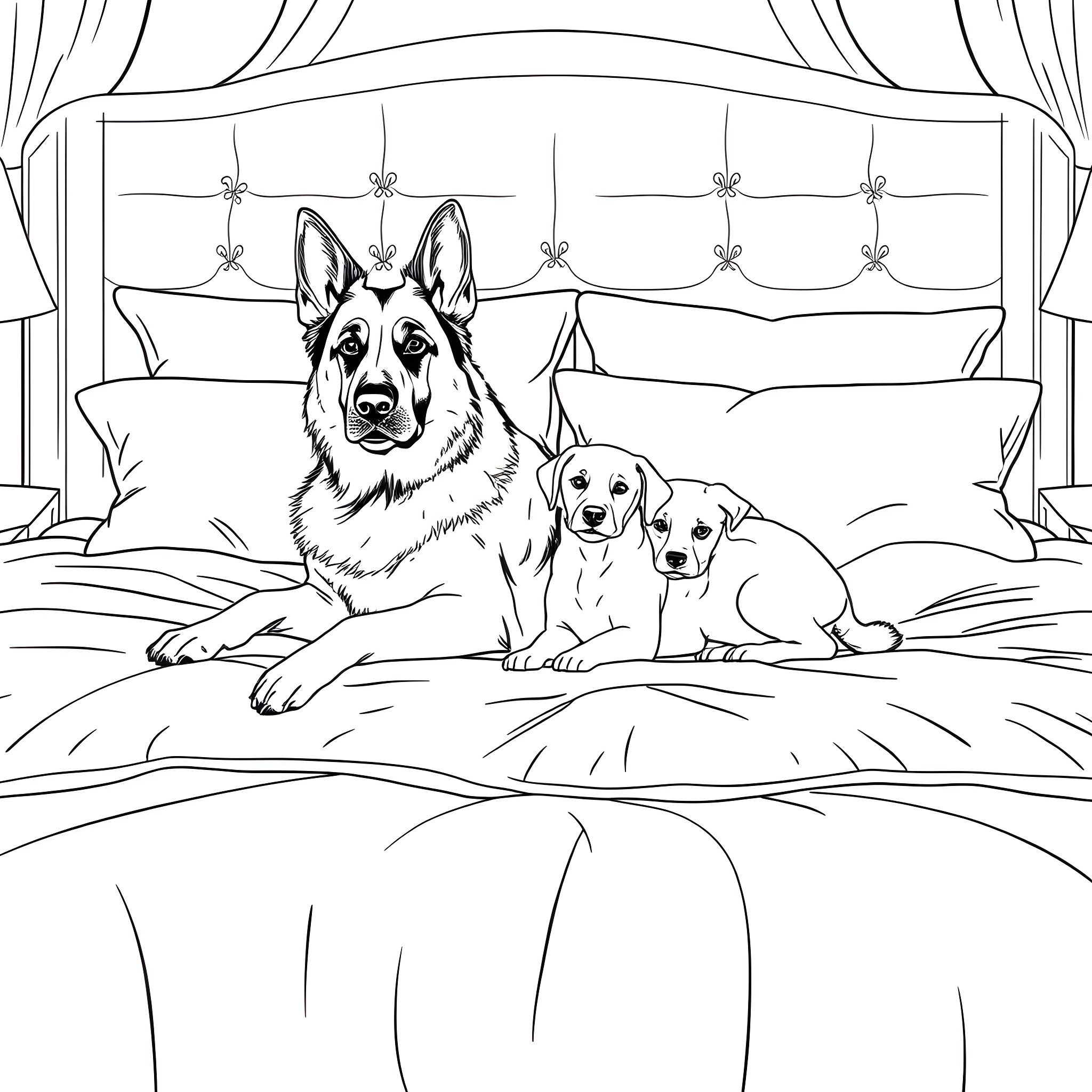 German Shepherd and Puppies Resting on Bed Coloring Page (free black-and-white line drawing printable PDF for all, from beginners to advanced learners, including children, teens, adults, and seniors)