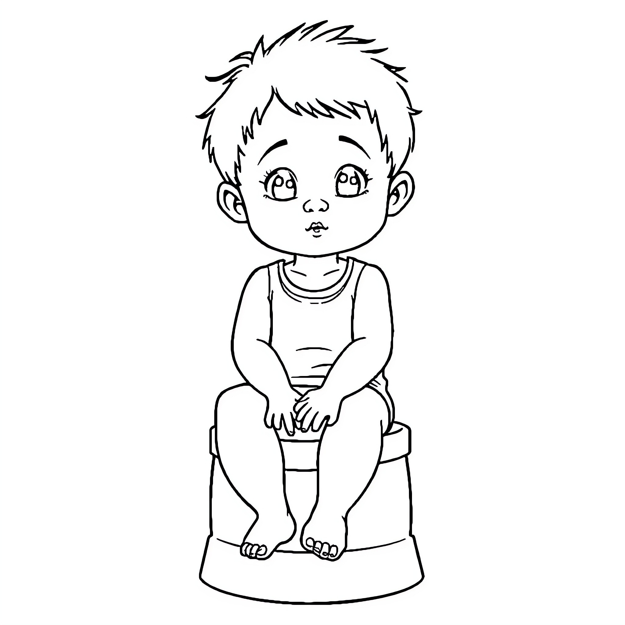 Child sitting on a potty with a curious expression Coloring Page (free black-and-white line drawing printable PDF for all, from beginners to advanced learners, including children, teens, adults, and seniors)