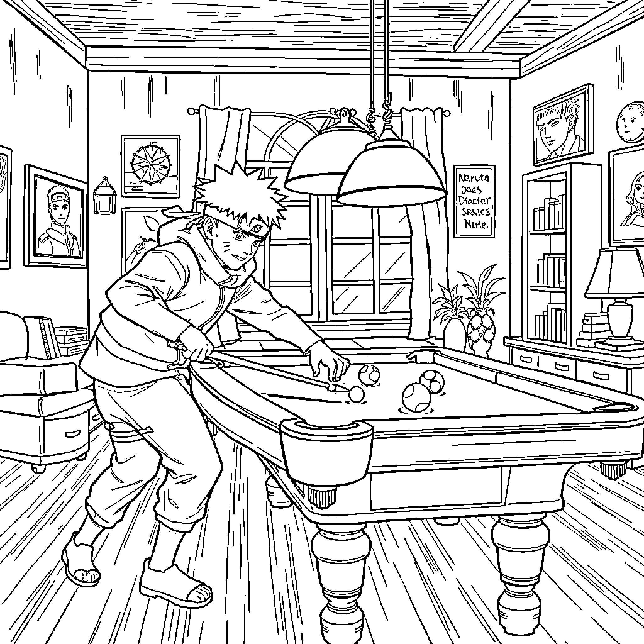 Naruto Enjoying a Game of Pool Coloring Page (free black-and-white line drawing printable PDF for all, from beginners to advanced learners, including children, teens, adults, and seniors)