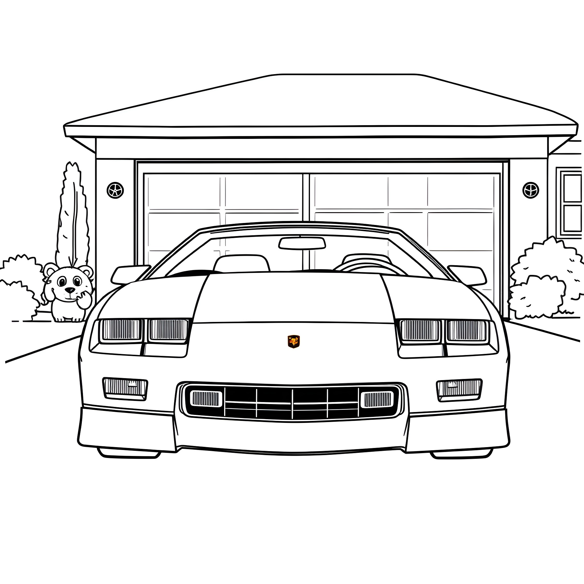 Camaro sports car parked in front of a garage Coloring Page (free black-and-white line drawing printable PDF for all, from beginners to advanced learners, including children, teens, adults, and seniors)