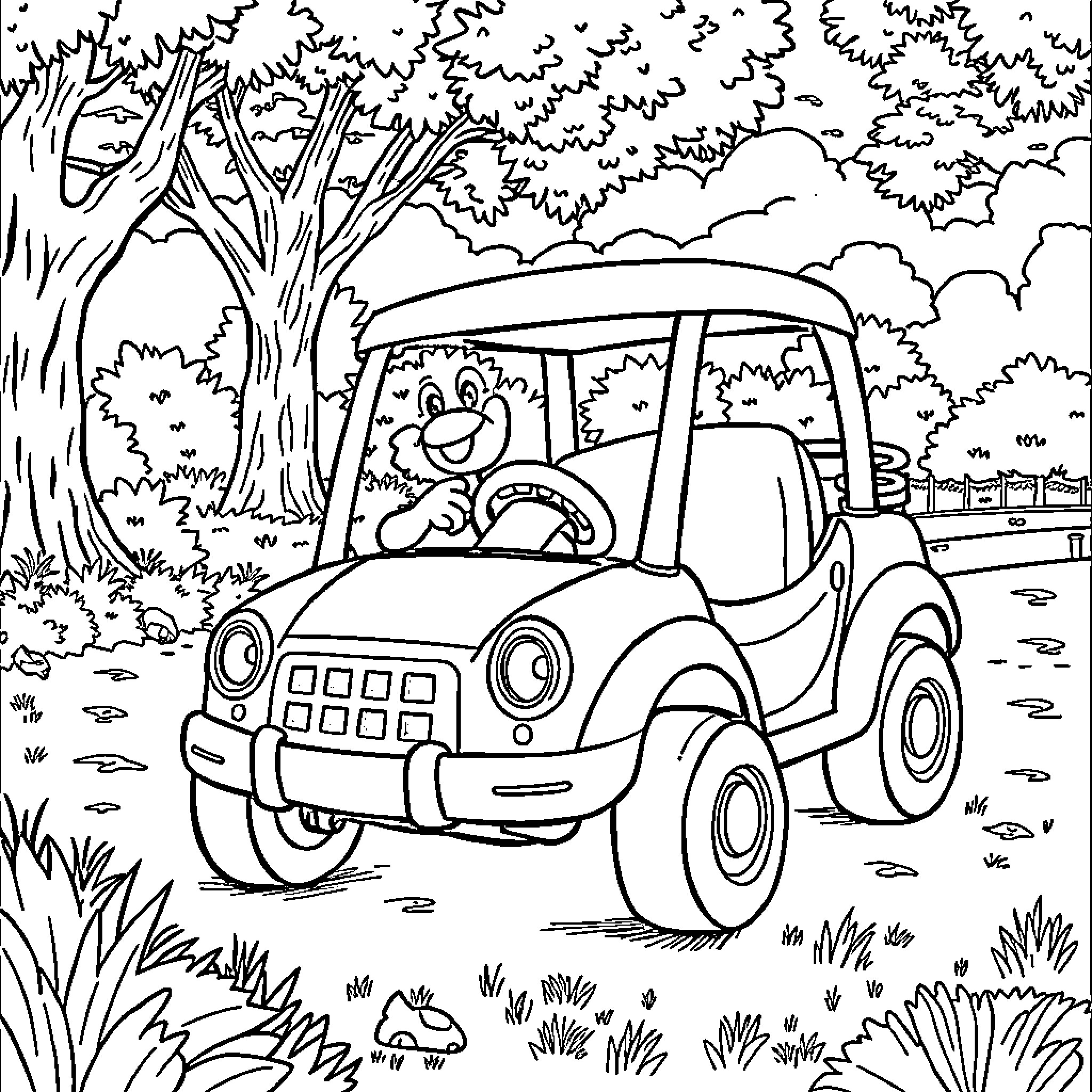 Bluey driving a cartoon vehicle in a forest Coloring Page (free black-and-white line drawing printable PDF for all, from beginners to advanced learners, including children, teens, adults, and seniors)