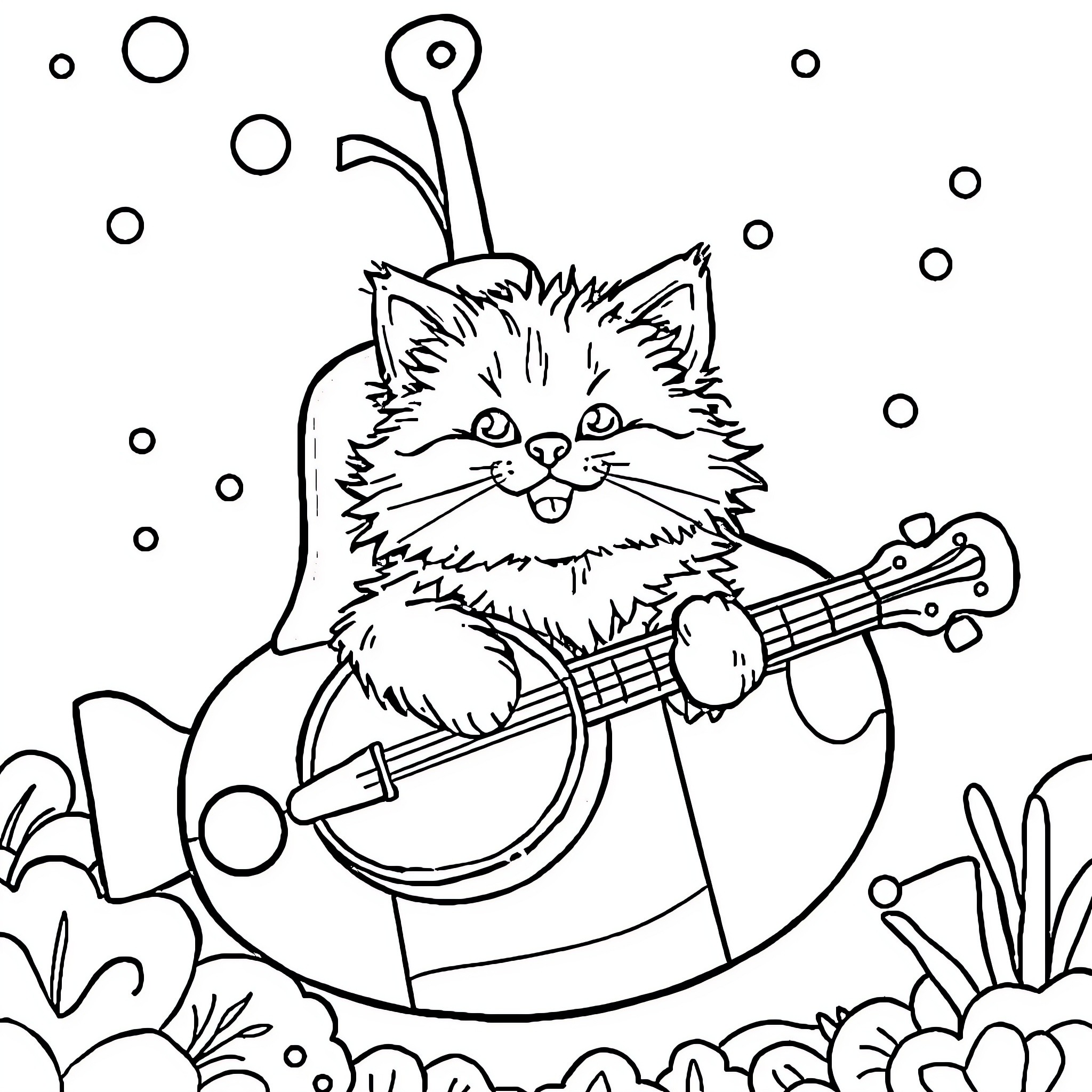 Cat playing music with ukulele in nature Coloring Page (free black-and-white line drawing printable PDF for all, from beginners to advanced learners, including children, teens, adults, and seniors)